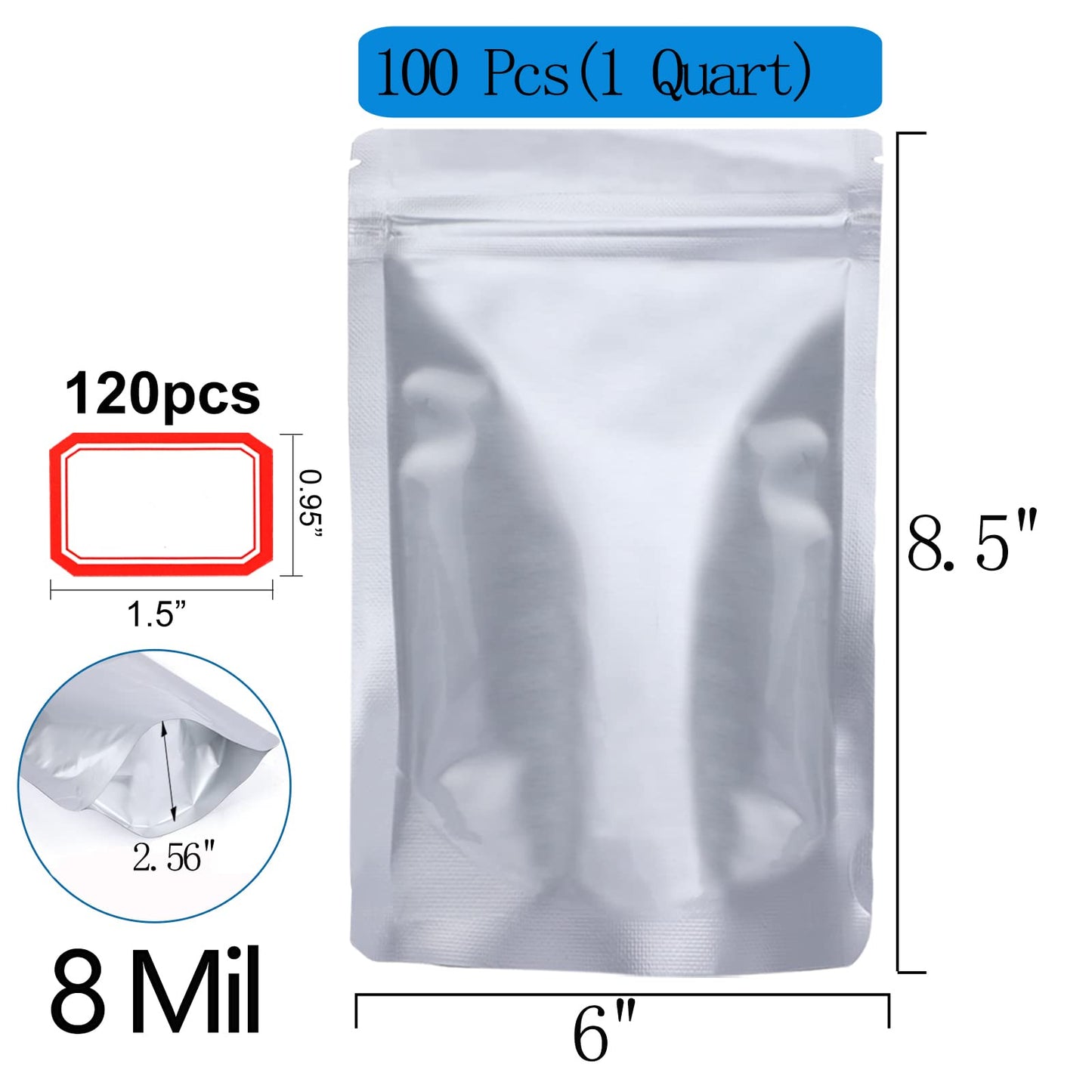 100 Pcs 1 Qt Mylar Resealable Bags for Food Storage, With 100 Pcs 200cc Oxygen Absorbers & 120 Labels, Aluminum Foil Long Term Fresh Bags