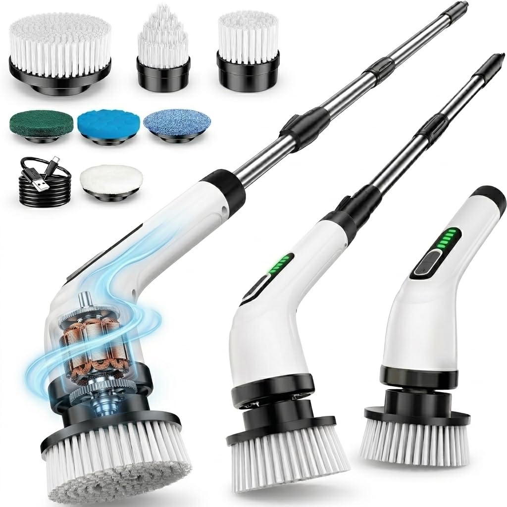 FYDEE Electric Spin Scrubber, Cordless Bathroom Cleaning Brush with 7 Heads & Adjustable Extension Handle, IPX7 Waterproof Rechargeable Power Shower Tub Scrubber for Tile, Grout, Floor & Car