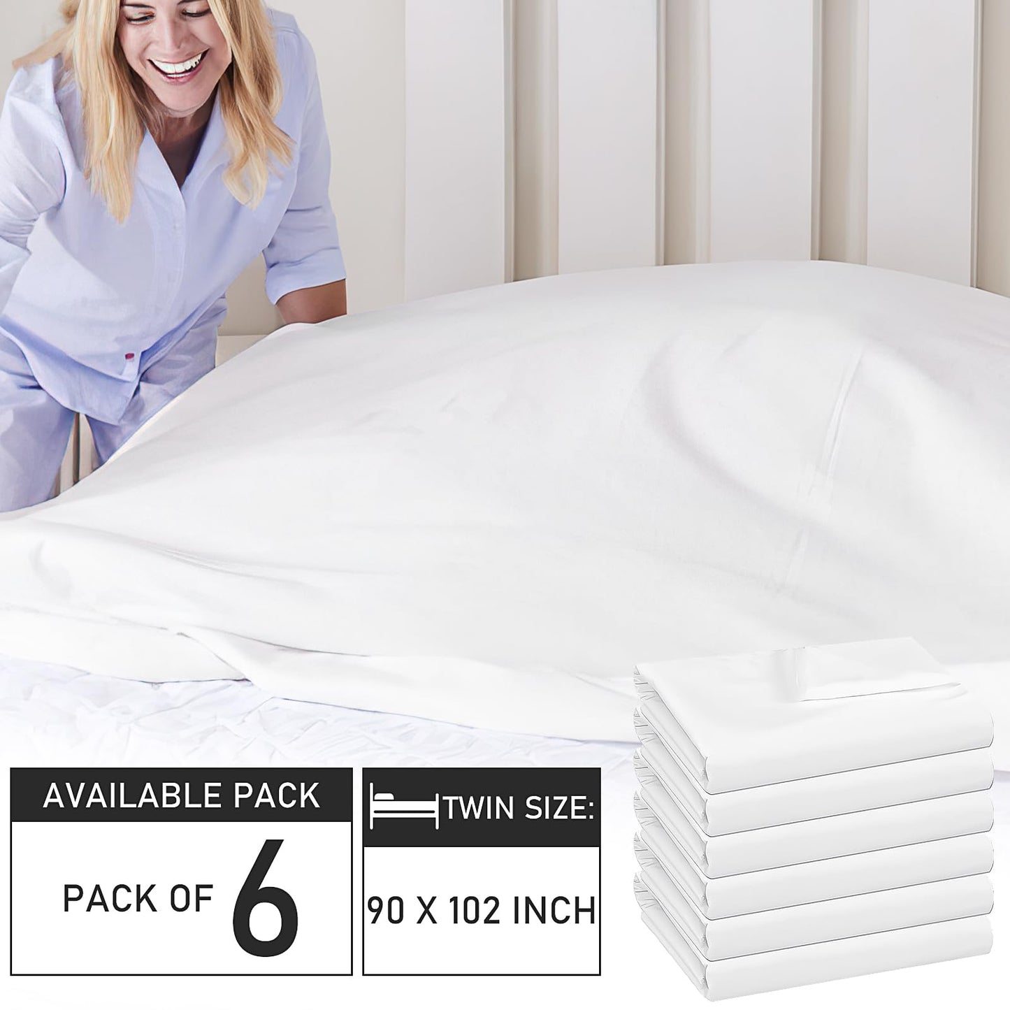 6 Pack Bulk Flat Sheet Set - Soft Brushed Microfiber - Bedding Essentials- Wrinkle & Stain Resistant for Hospital, Massage Table, Hotel, Airbnbs, Travel (White, Queen)