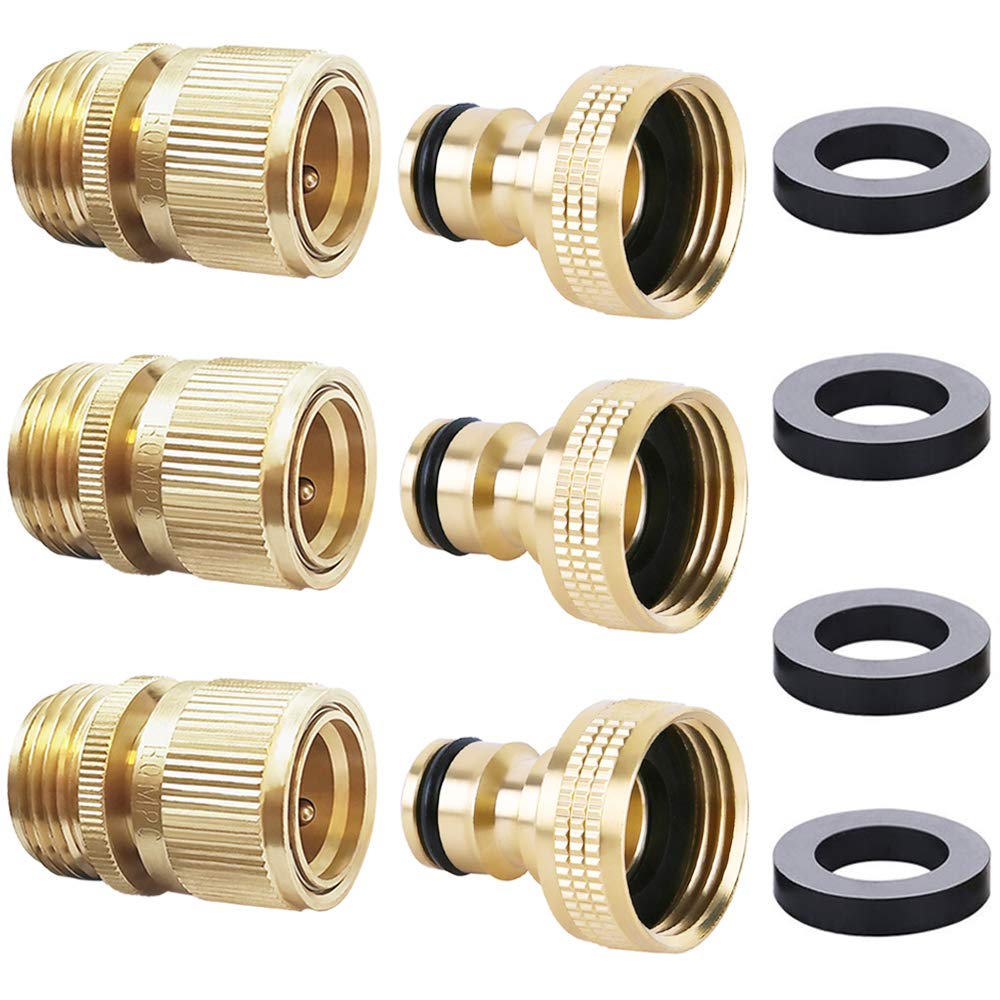 HQMPC Garden Hose Quick Connector - ¾ Inch GHT Brass Easy Connect Water Hose Fittings - Quick Connect Garden Hose Connectors (3 Sets)