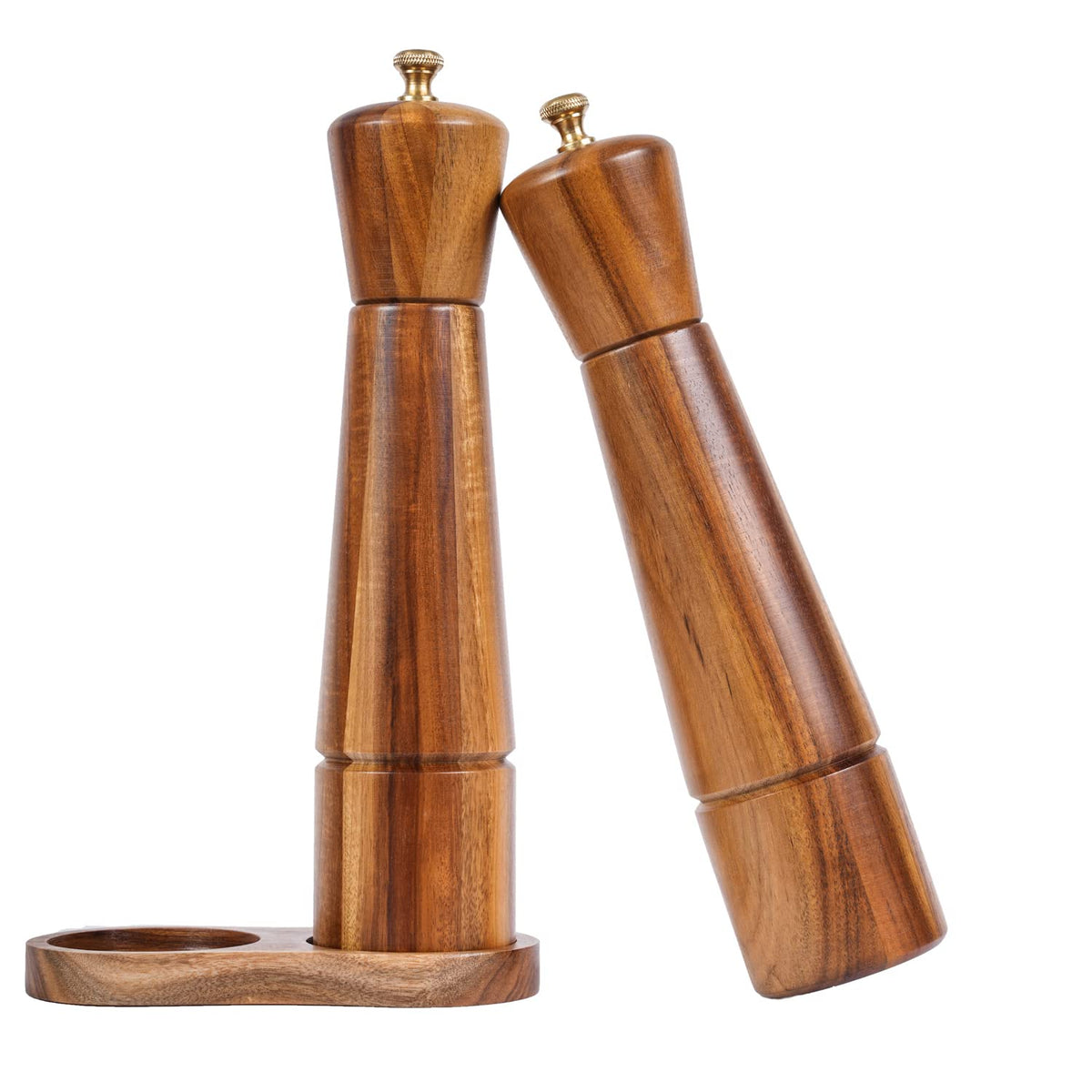 DeroTeno Salt and Pepper Grinder Set with Tray, Adjustable Ceramic Grinder Salt Mill, Stainless Steel Grinder Pepper Mill, Acacia Wood, 27 cm / 10 inch Height, Bottom Dia 6 cm (Tray is Included)