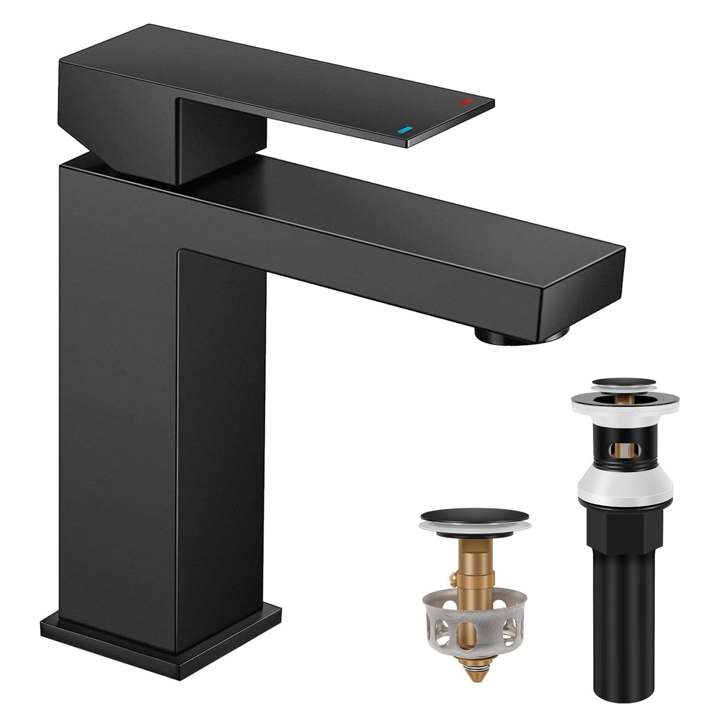 Garini Matte Black Bathroom Faucets with Sink Stopper Pop Up Drain with Overflow, Square Stainless Steel Bathroom Sink Faucet Basin Taps Single Handle Deck Mounted