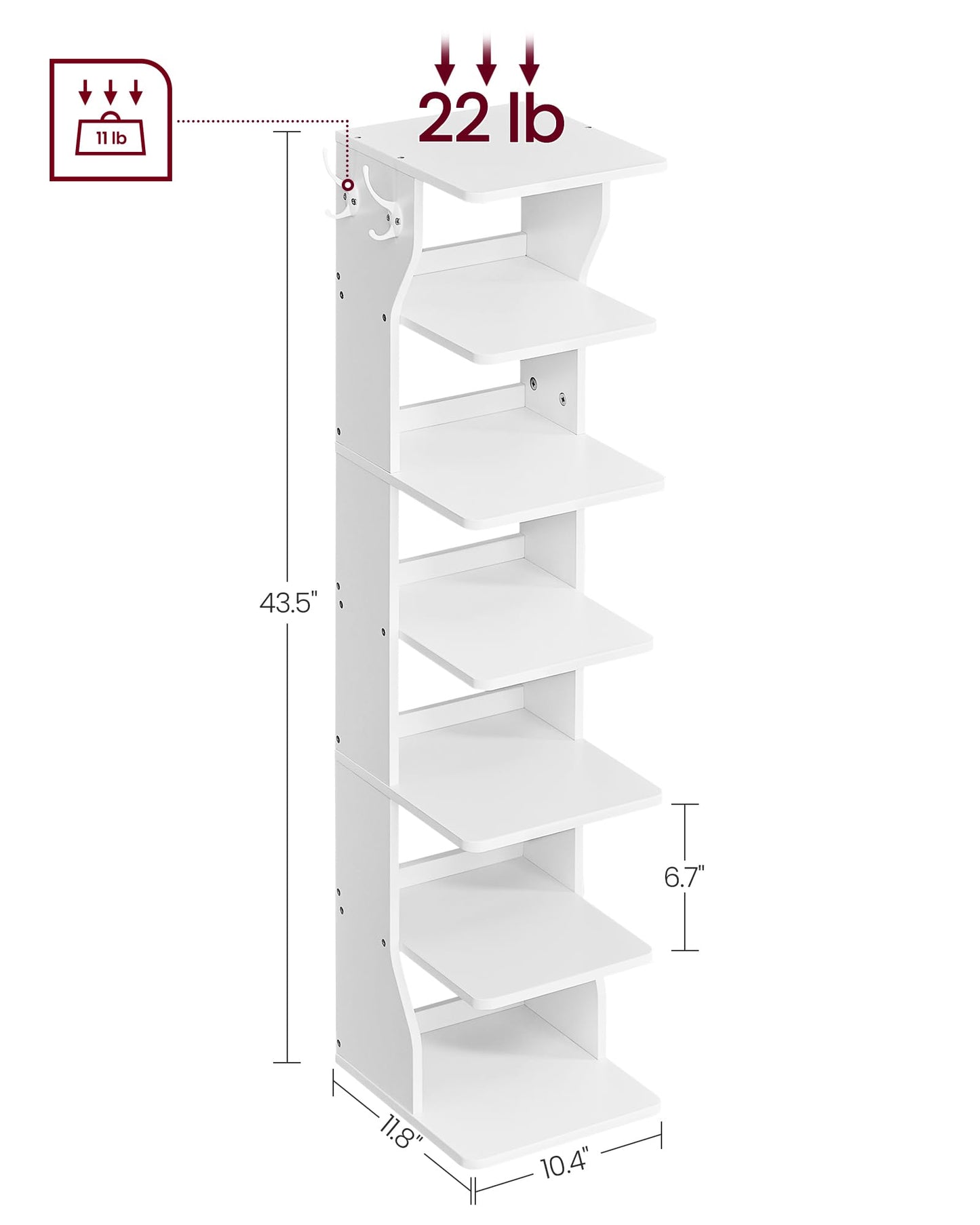 VASAGLE 7-Tier Vertical Shoe Rack, Narrow Shoe Storage Organizer with Hooks, Slim Corner Tower Shelf, Space-Saving for Entryway and Bedroom, White ULBS200T14