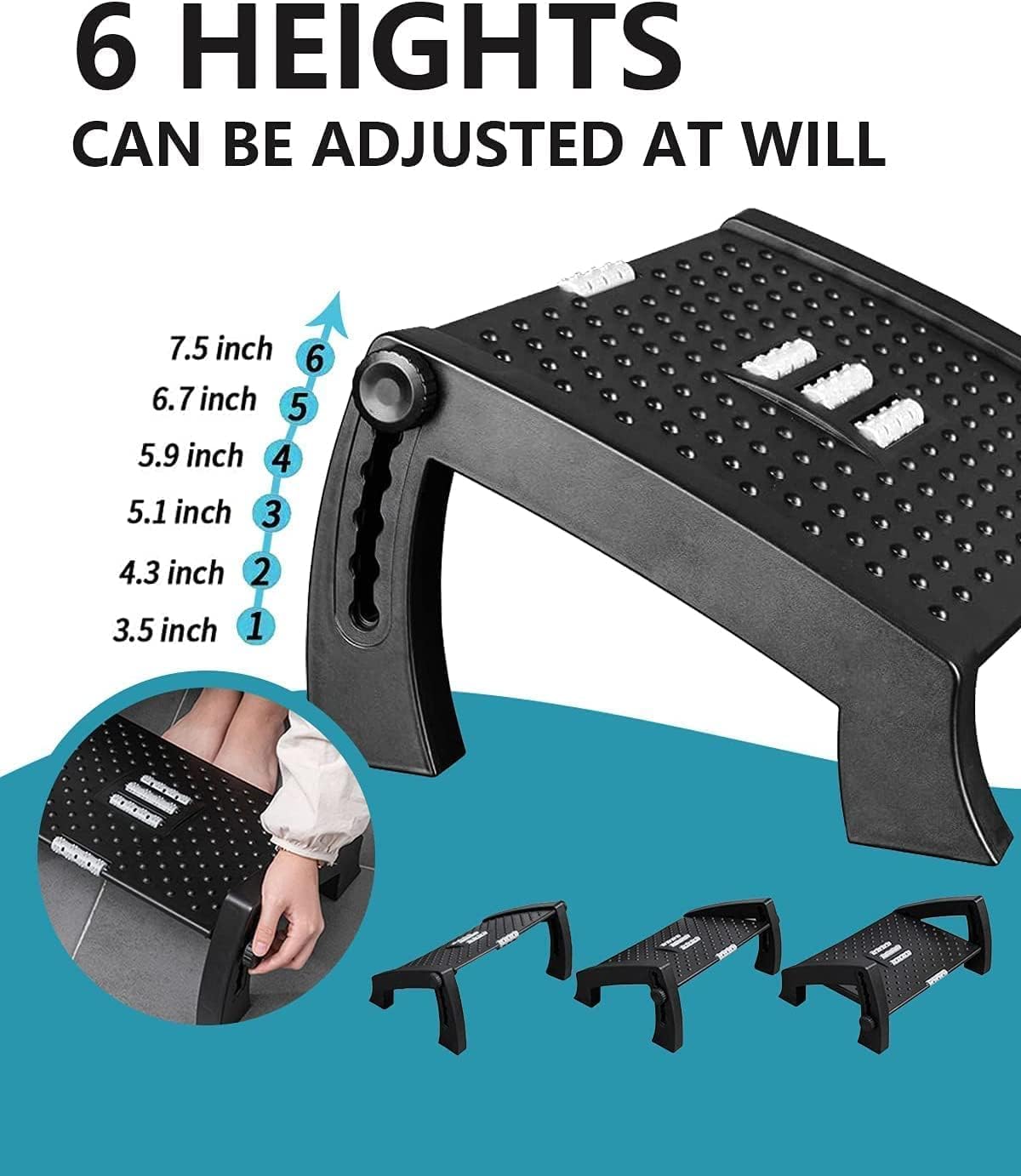 Adjustable Foot Rest Under Desk, Ergonomic Under Desk Foot Rest for Home & Office Use, Foot Stool Under Desk with Massage Surface, 6-Height Multi-Angle Foot Stool at Work, Ergonomic Posture Footrest