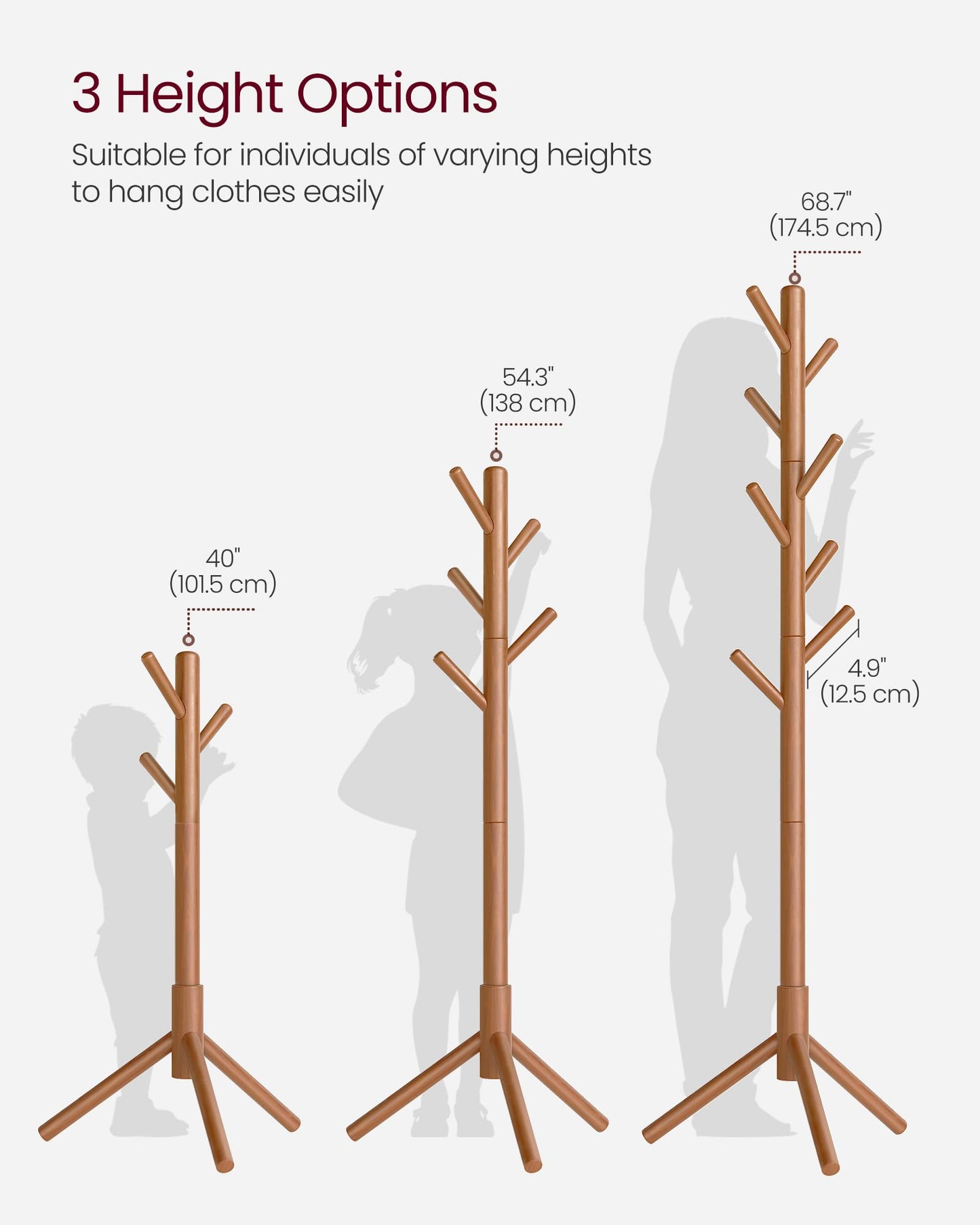 VASAGLE Solid Wood Coat Rack, Free Standing Tree-Shaped Coat Rack with 8 Hooks, 3 Height Options, for Clothes, Hats, Bags, Living Room, Bedroom, Home Office, Caramel Brown URCR04WN