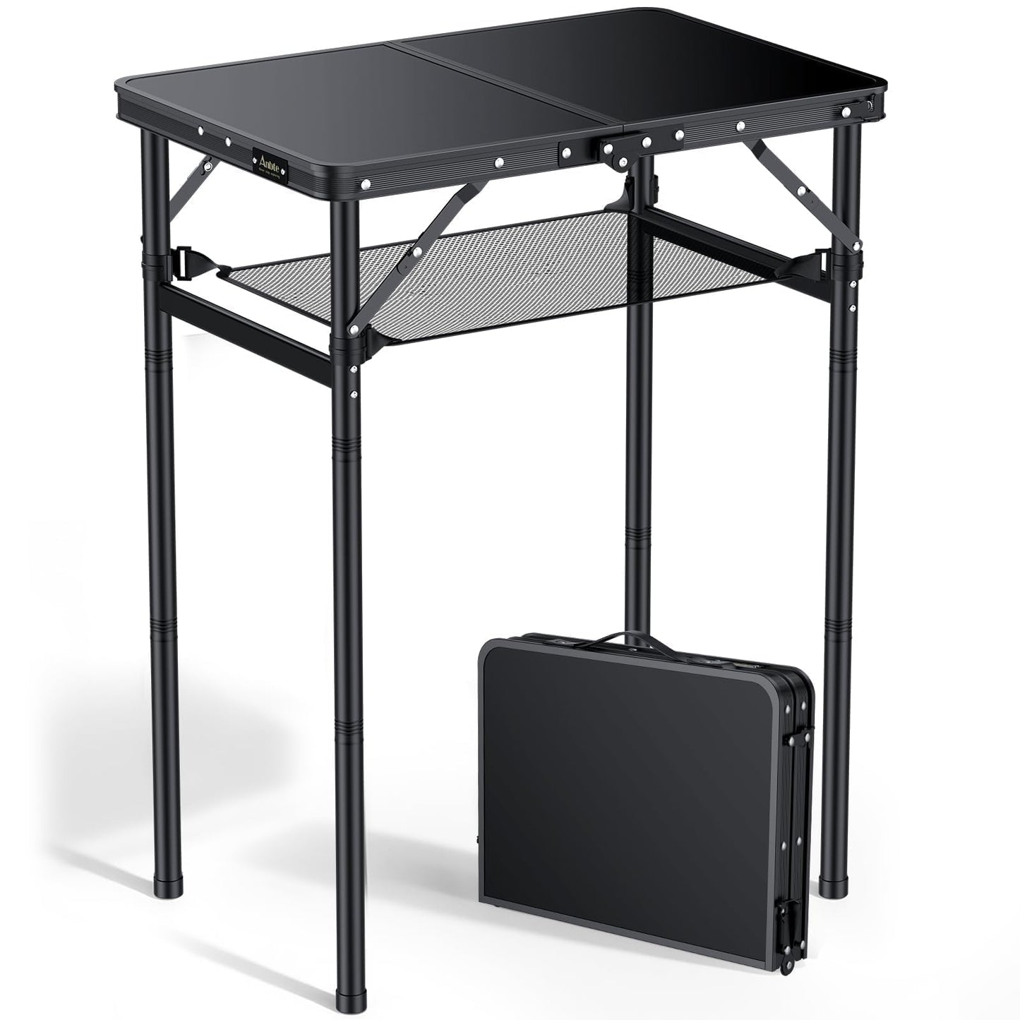 Anbte 2ft Small Folding Table Max 29.5" with Storage Net, 3 Adjustable Height Sturdy Aluminum Camping Table with Portable Handle, Lightweight, for Travel Outdoor Beach Picnic, 23.2" x 16", Pure Black
