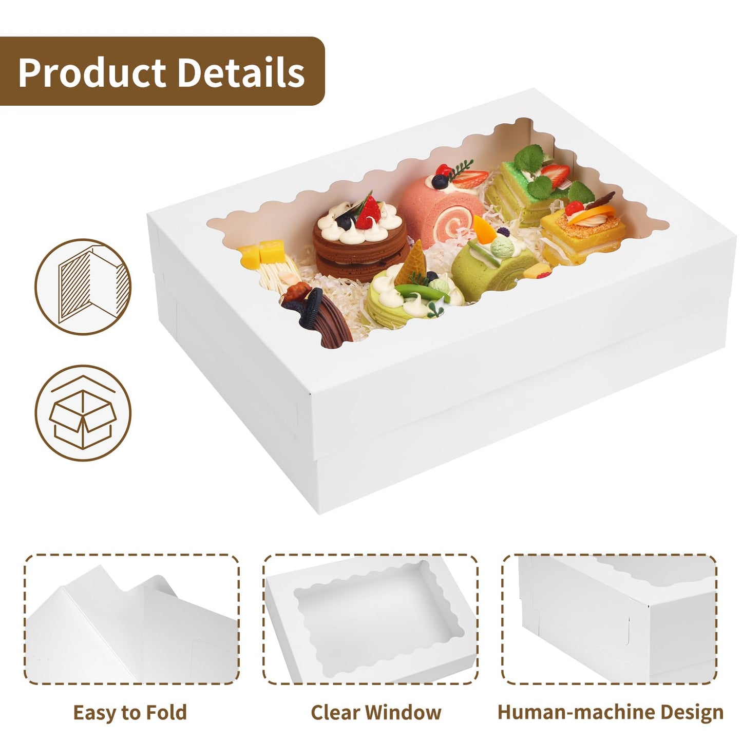 Moretoes 40pcs 14x10x4in Cake Boxes, Quarter Sheet Bakery Boxes with Window, for Pastry Baking Cake, Cupcakes, Donuts, Cookies, Pie Treat Packaging White Large