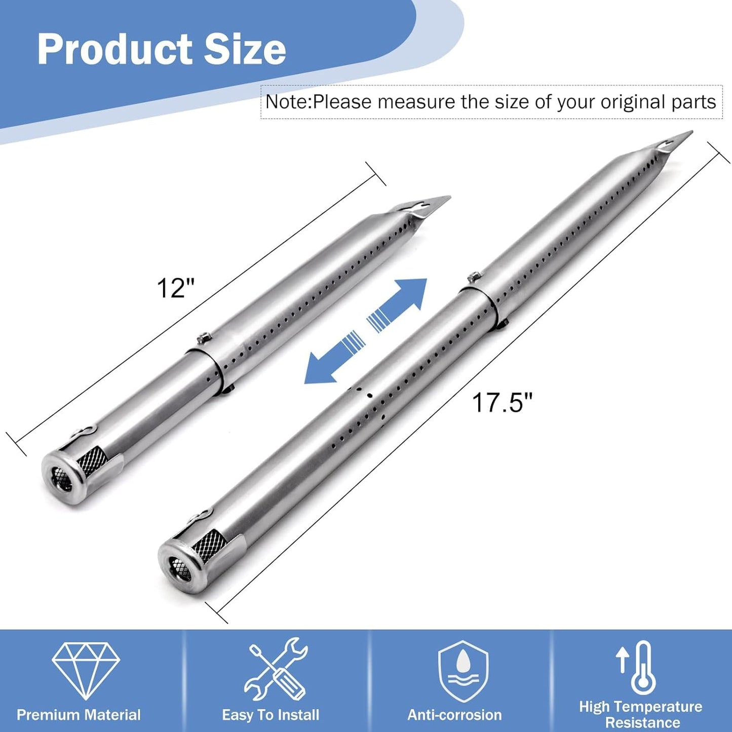 Criditpid Universal Barbecue Replacement Parts for Master Chef, Broil King, Dyna-Glo, Charbroil, 11.75" to 21" Adjustable Heat Plate Shields & 12" to 17 1/2" Pipe Burner Tube, 4 Pairs.