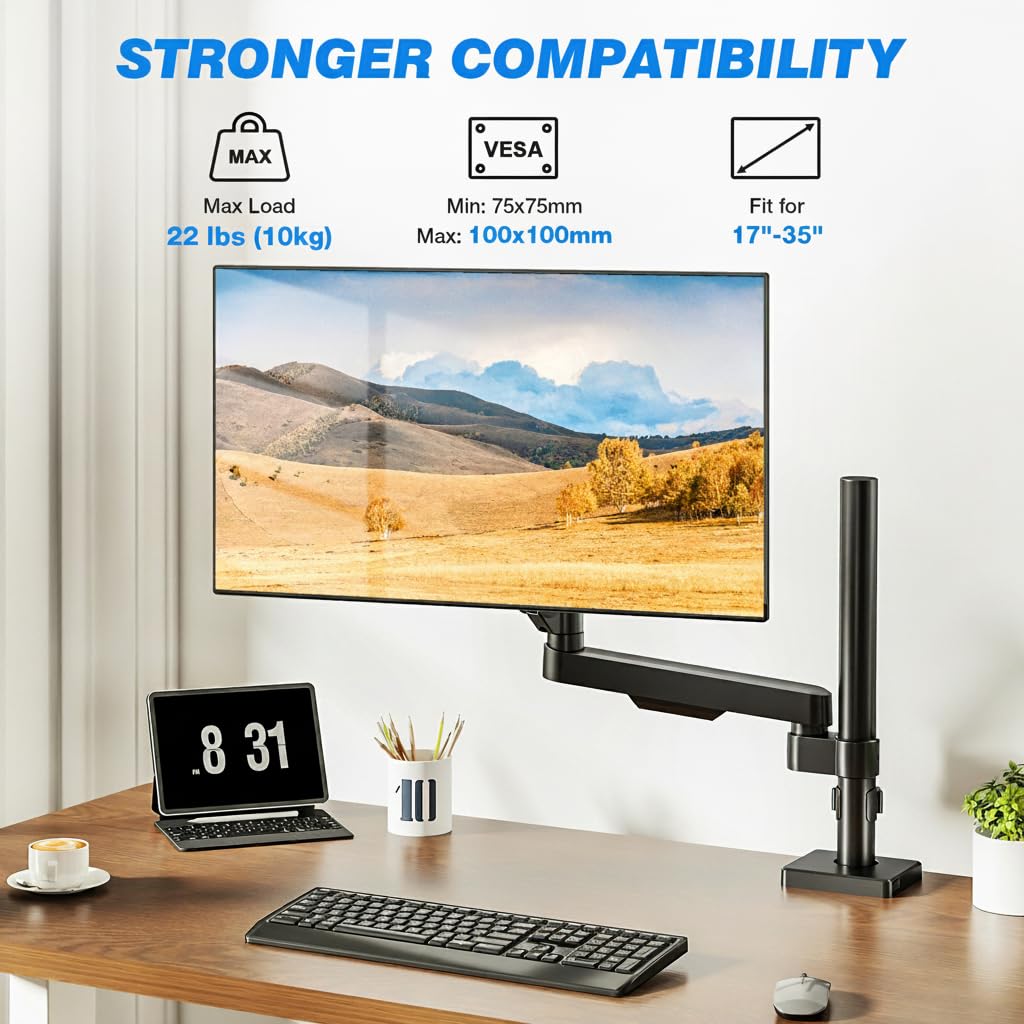 Single Monitor Stand - Adjustable Arm Mount for 17-35 Inch Screens, Ergonomic VESA Mount with C Clamp/Grommet Base, Each Arm Holds up to 22lbs, Black