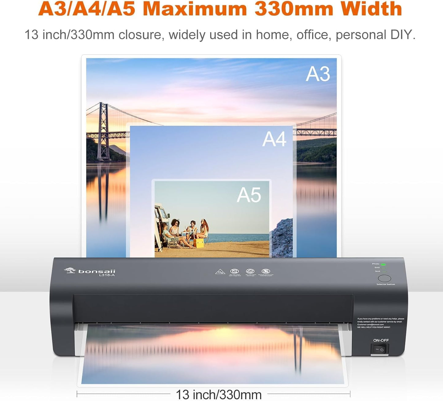 Bonsaii 13 Inch Laminator Machine for 11x17 Paper & A3 Laminating Sheets, Never-Jam Technology, 3 Heat Settings, NTC Control - Plastifieuse Thermique for Home, Office, School, L318-A