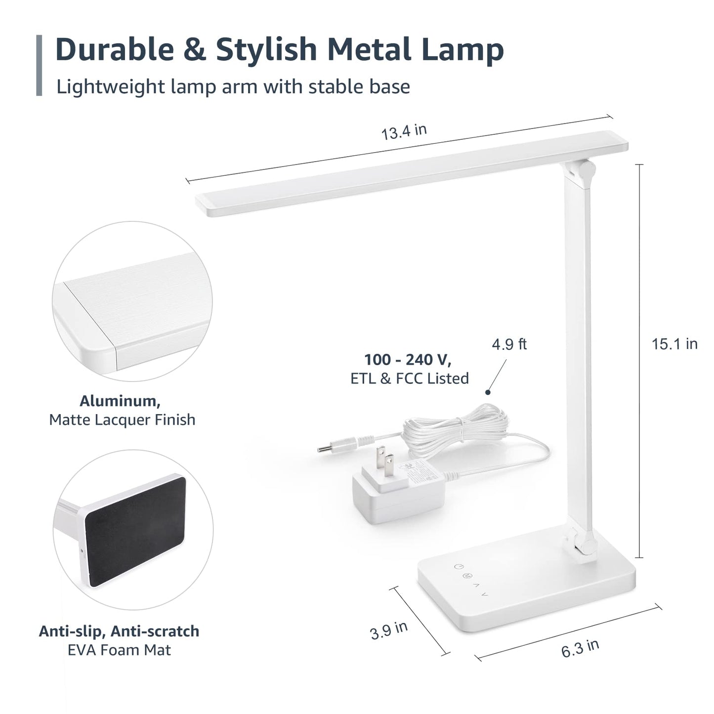 Lepro Desk Lamp LED with USB Charging Port, Dimmable Table Lamp Eye Caring Home Office Reading Touch Control, 3 Color Modes, 5 Brightness Level, College Dorm Room Essentials, Sewing, Crafting, White