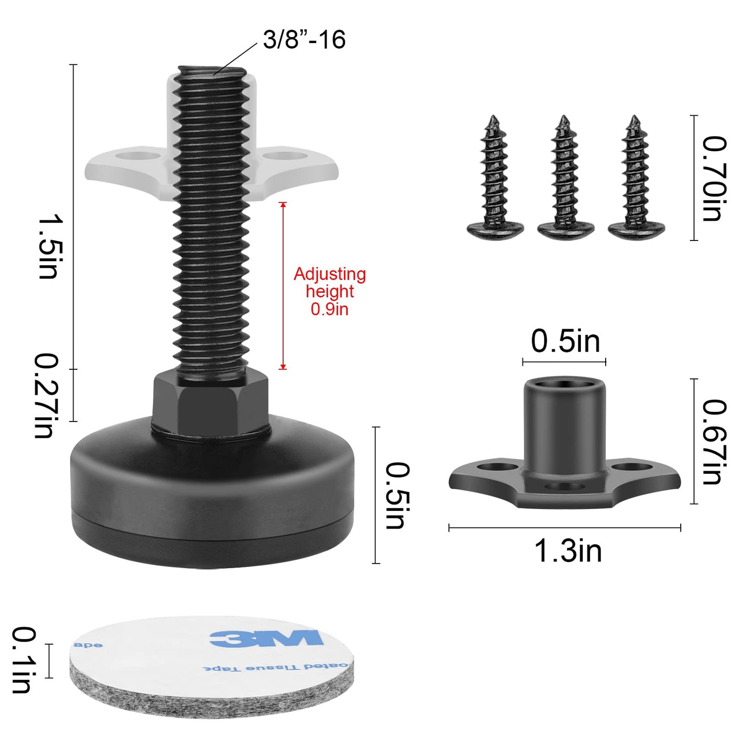 Adjustable Leveling Feet Furniture Levelers Table Feet Heavy Duty Leg Levelers for Cabinets Sofa Tables Chairs,Support 2640LBs, T-Nut Kit 3/8”-16 Thread, Large Base- 8 Pack, Black