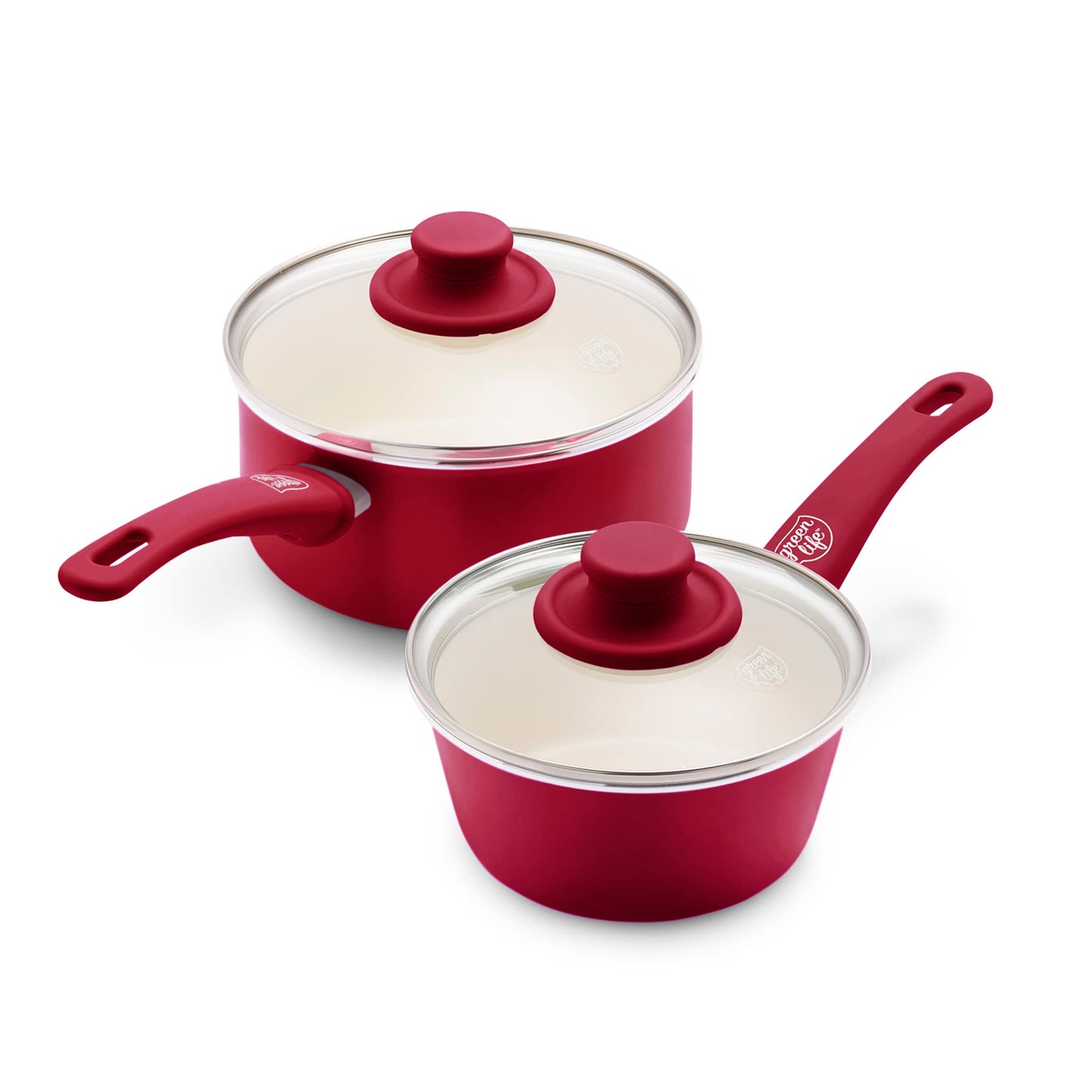 GreenLife Soft Grip 1QT and 2QT Saucepan Set, Non-Toxic PFAS-Free Ceramic Nonstick, Glass Lids, Stay Cool Handles, Wobble Free Base, Dishwasher & Oven Safe, Easy Clean, Multipurpose, Red