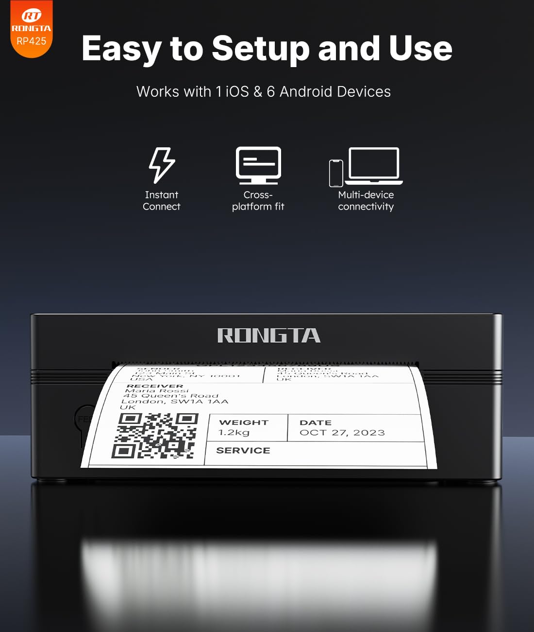 Rongta Bluetooth Shipping Label Printer, Wireless 4x6 Thermal Label Printer for Shipping Packages, Support Android, iPhone, Widely Used for Amazon, Shopify, Etsy, UPS, Black