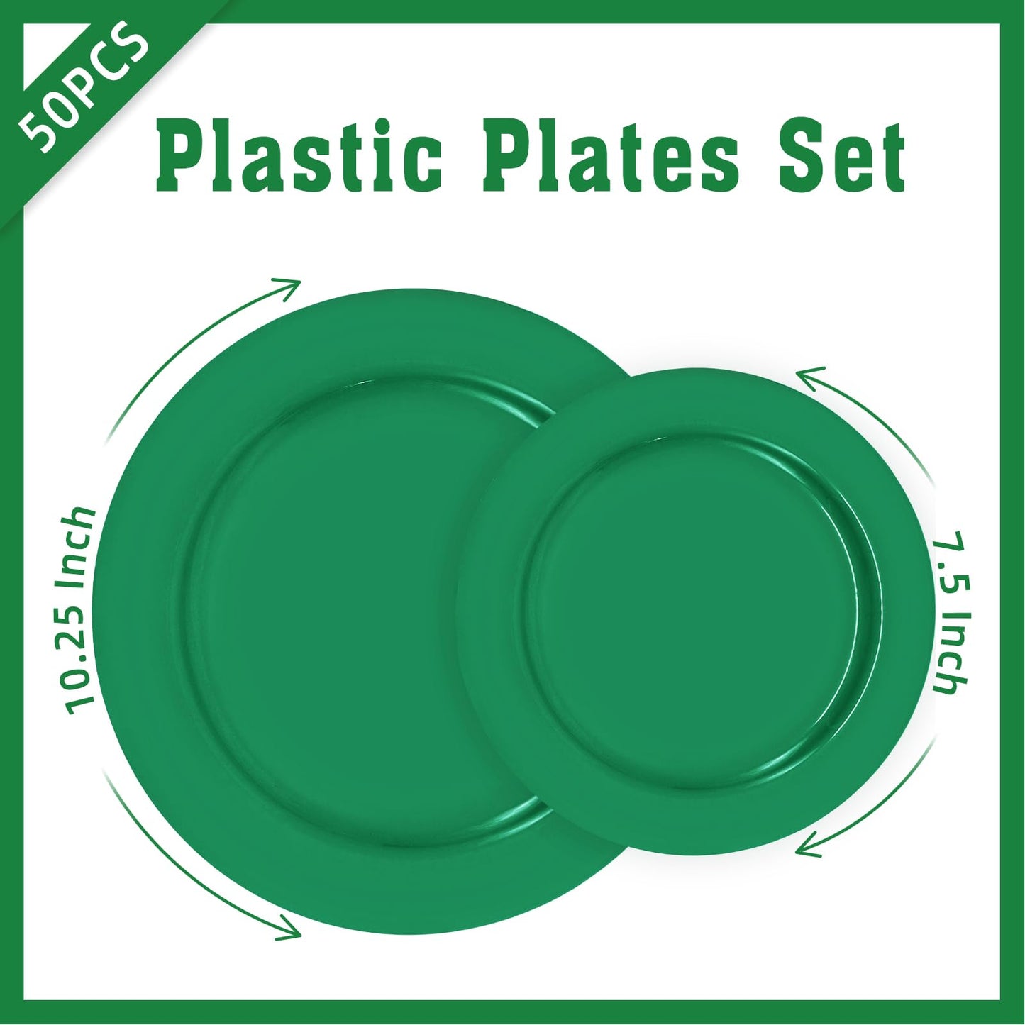 joy akkess 50 PCS Green Plates Disposable, Heavy Duty Green Plastic Plates include 25 Dinner (10.25") & Dessert (7.5") for Birthday, Christmas
