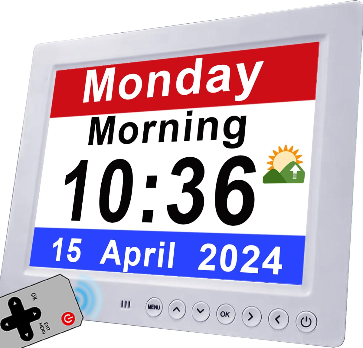 Large Calendar Clock for Seniors, 30 Alarms & Sun/Moon Icons, Day Date Week Clock with Remote Control, 6 Standard Themes, 20 Custom Reminders, 5 Languages, Auto Dimming, 12/24 Hours, auto DST