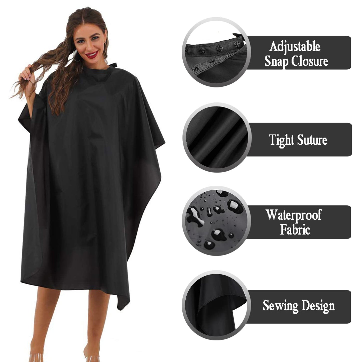 BSFHH Black Professional Nylon Waterproof Hair Cutting Cape With Snap Closure, 59" x 47" Hairdressing Cape for Haircut, Coloring, Makeup, Styling (5 Pack)