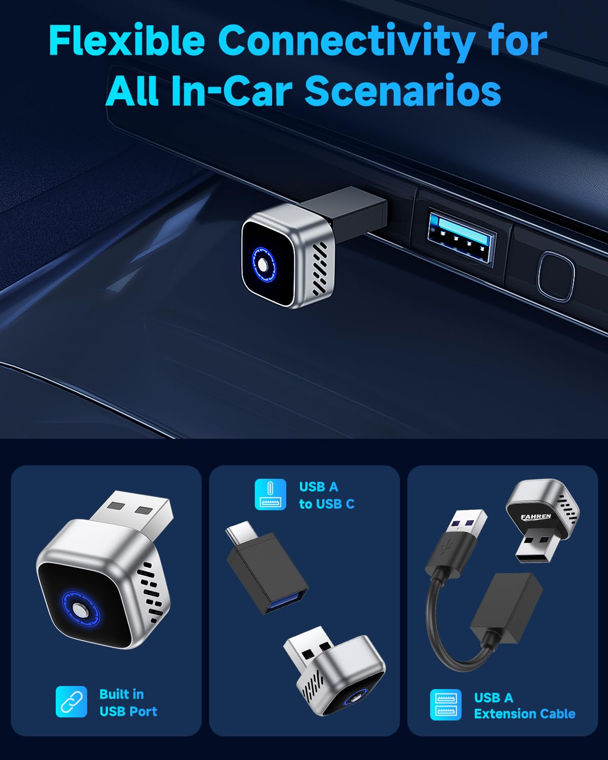 Ultra Mini Android Auto & CarPlay Wireless Adapter, One-Click Switch, 3s Auto Reconnect，Latest A9 Chip 5.8GHZ WiFi, 5.4 Bluetooth, USB-C/USB-A/Extension Cable, Compatible with iOS10+, Android 10+