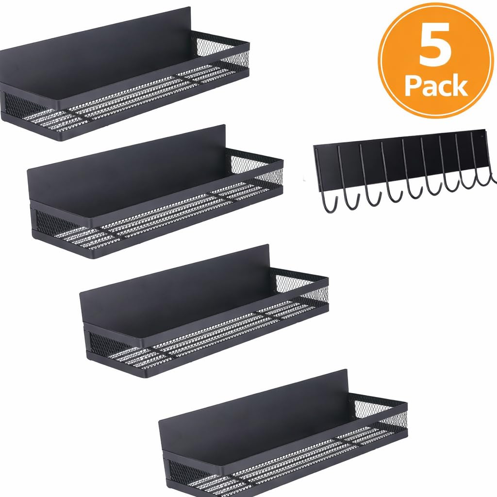 Dewsea Magnetic Shelves for Washing Machine 5 Pack, Multipurpose Metal Storage Baskets with Space-Saving Design, Magnetic Spice Rack & Laundry Organizer for Kitchen, Bathroom & Laundry Room (Black)