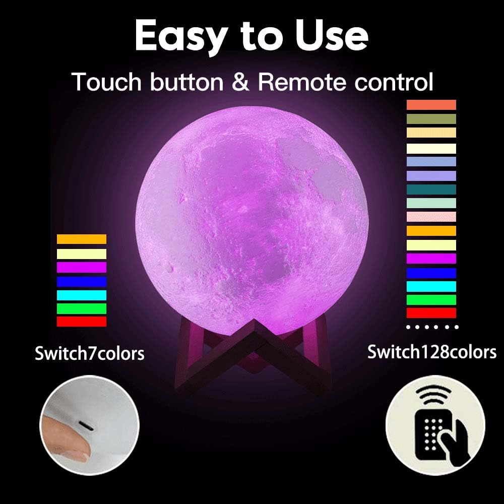 CPLA Moon Lamp Upgrade 128 Colors, 7.1inch/ 18cm 3D Night Light Wooden Stand & Remote/Touch Control and USB Rechargeable, Gifts for Women Girls Boys Girlfriend Birthday