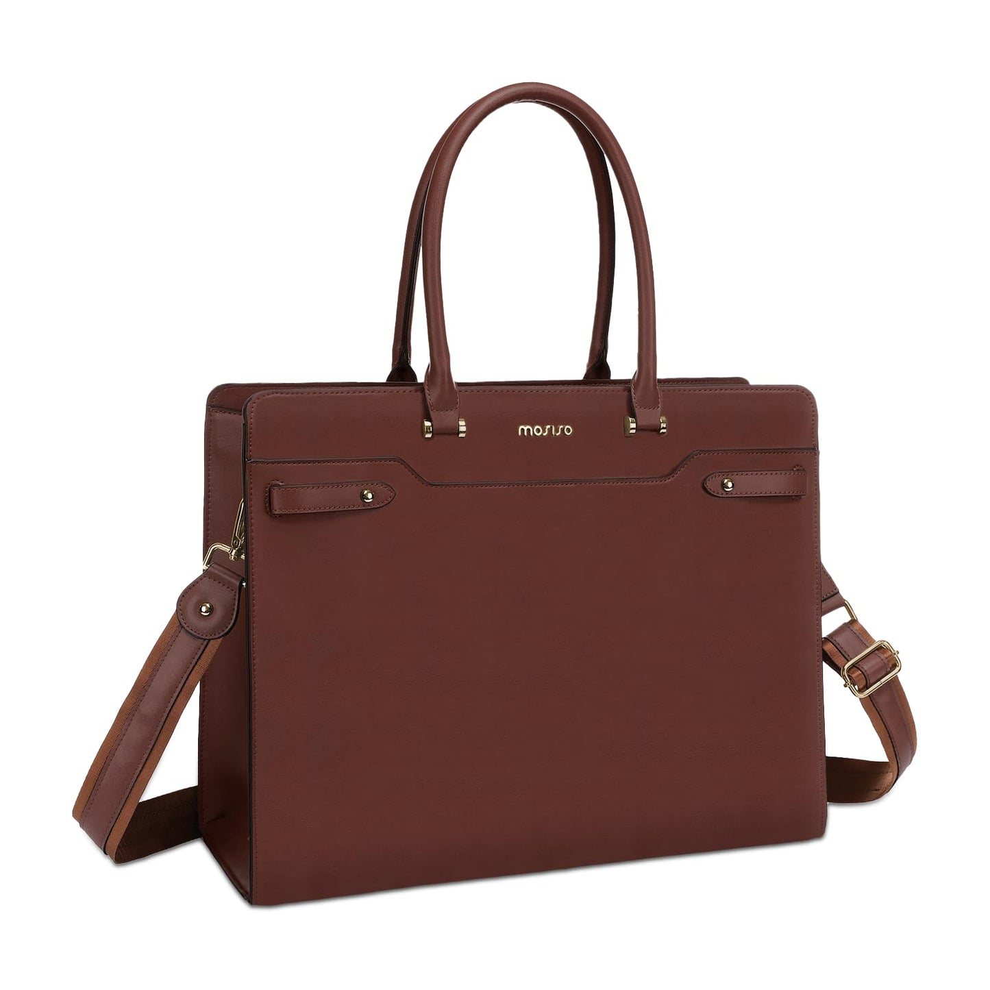 MOSISO Laptop Bag for Women, 15.6 inch Laptop Tote Bag, Waterproof Leather Front Magnetic Clasp Pocket Work Bag, Large Capacity Computer Briefcase Shoulder Bag for Teacher Office Travel, Brown
