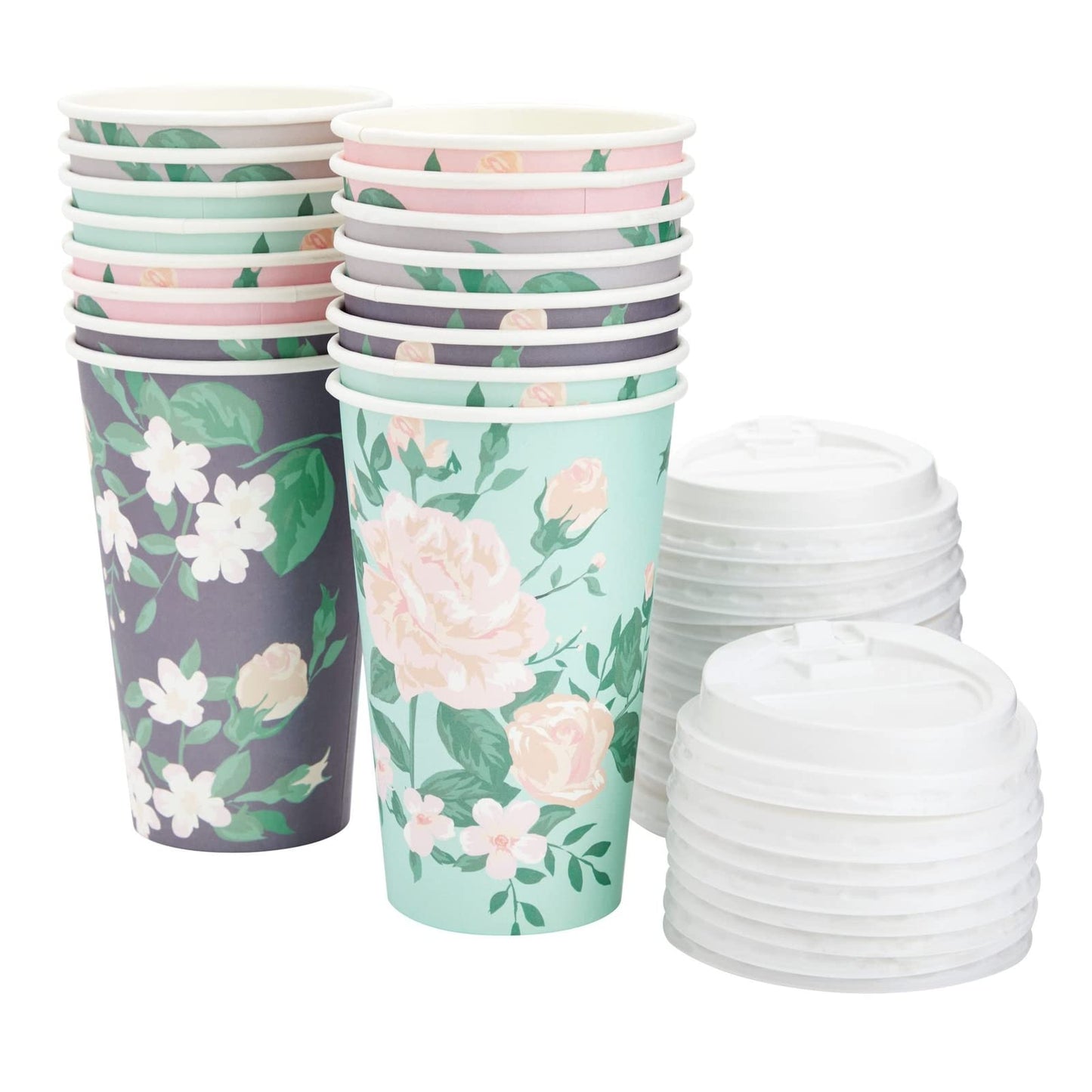 48-Pack Disposable Floral Paper Coffee Cups with Lids 16 oz, to Go Coffee Cups for Flower-Themed Birthday Party Supplies, Wedding Reception, Baby Shower (4 Pastel Colors)