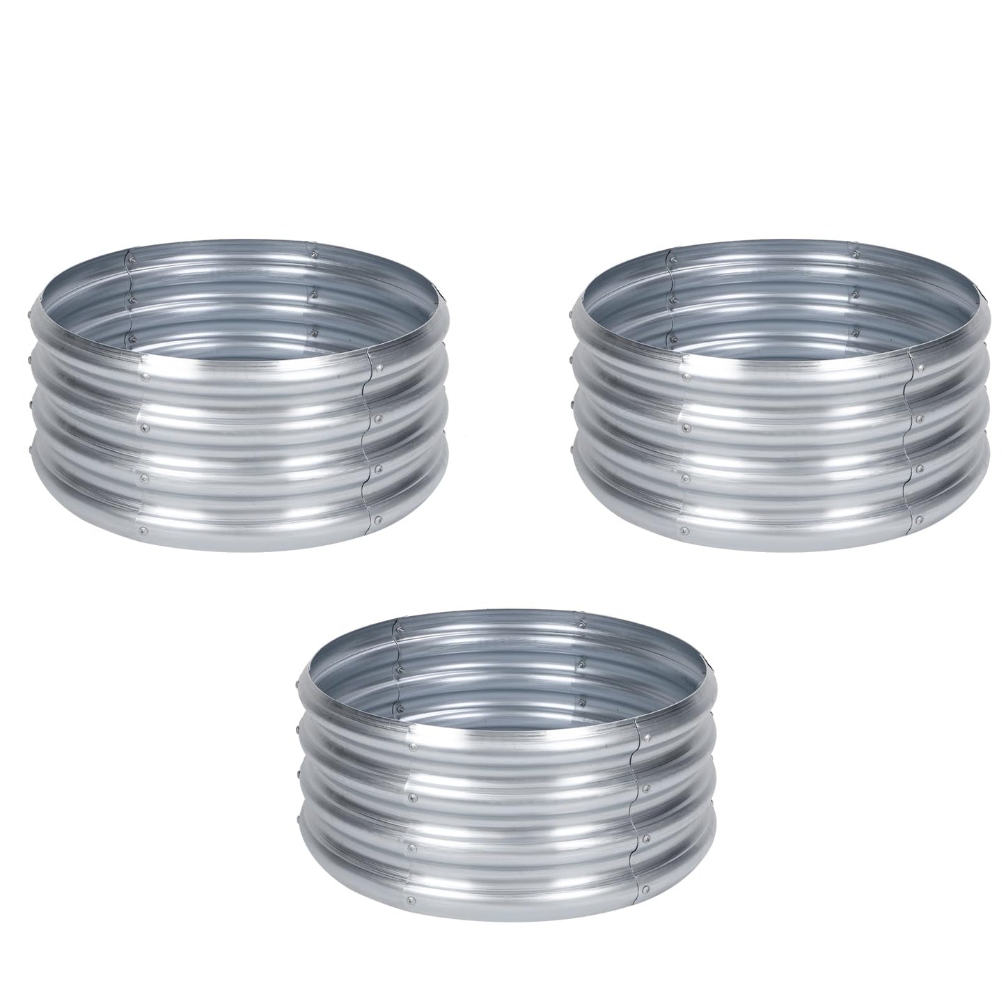 PINPON 3-Pack Galvanized Fire Pit Ring 2x2x1 ft, Round Heavy-Duty Metal Fire Ring for Outdoor Wood Burning, Rust-Resistant, Also Use as Raised Garden Bed for Vegetables Flowers