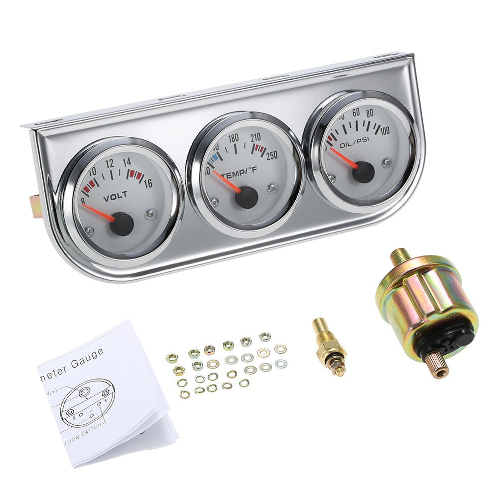 Shkalacar Triple Gauge Kit - Volt Meter, Water Temp, Oil Press Car & Motorcycle Meter, 52MM Chrome 3 in 1 Gauge Kit