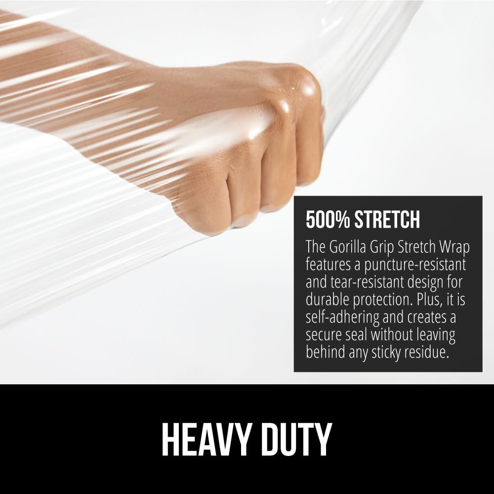 GORILLA GRIP 500% Stretch Film Heavy Duty Plastic, 2 Pack 1200ft Shrink Wrap Rolls 17" Puncture Resistant, Industrial Strength for Pallet Storing, Wrapping, Moving, Packing Furniture Protection Clear