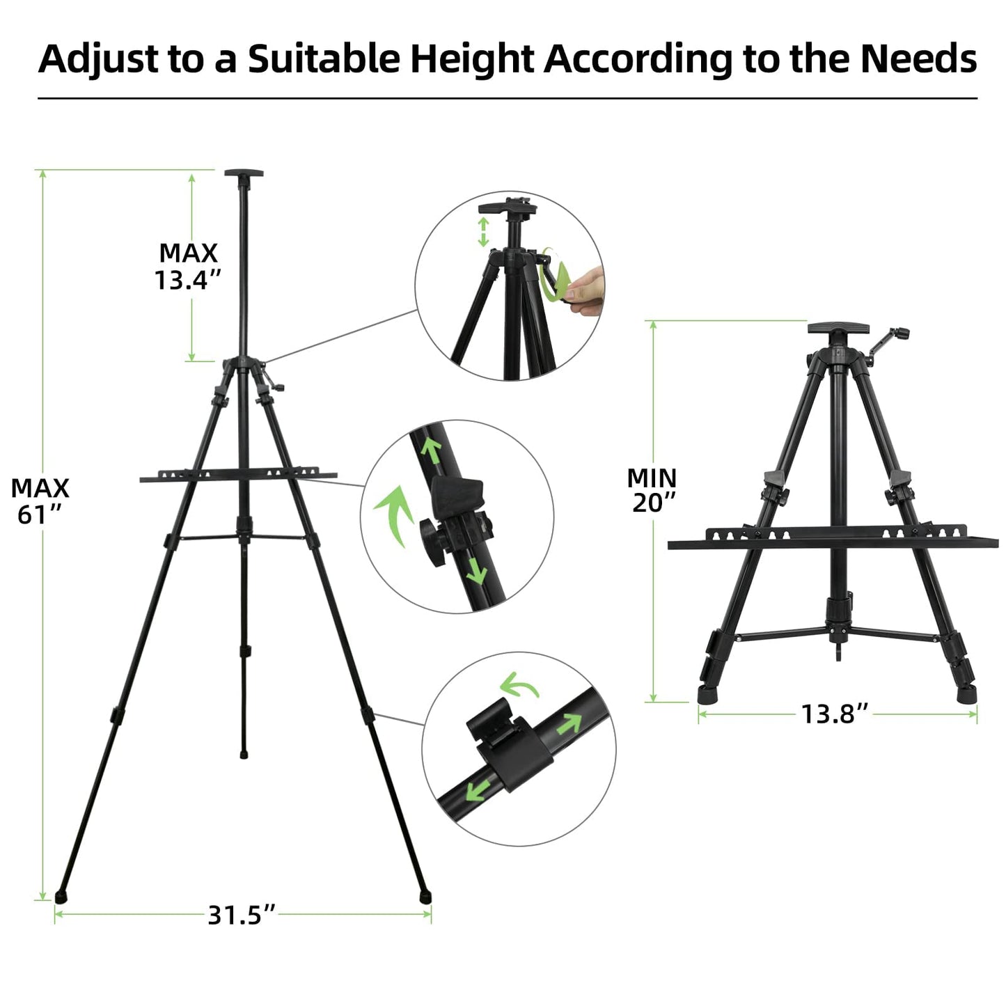 NewZeal Artist Easel Stand Painting Stand Art Easel, 20"to 61" Art Easel for Painting Canvase & Displaying, Aluminum Adjustable Height Display Tripod with Portable Bag/Folding Keg.(Black)