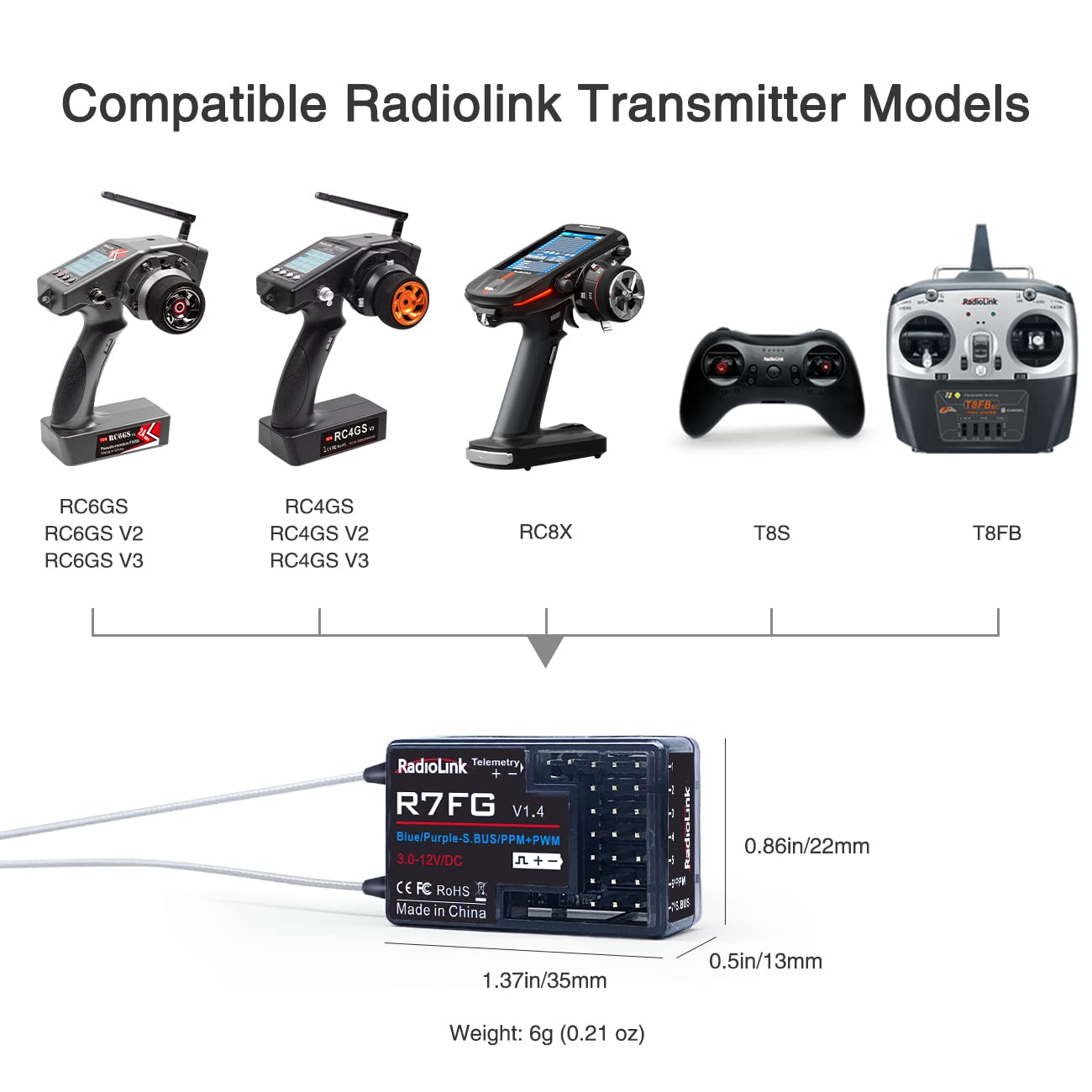 Eighteenup Radiolink R7FG 7 Channel RC Car Receiver 2.4GHz Gyro Telemetry Voltage Surface Long Range Control Compatible Remote Transmitter Radiolink RC6GS V2/RC6GS/RC4GS V2/RC4GS(2 Pcs)