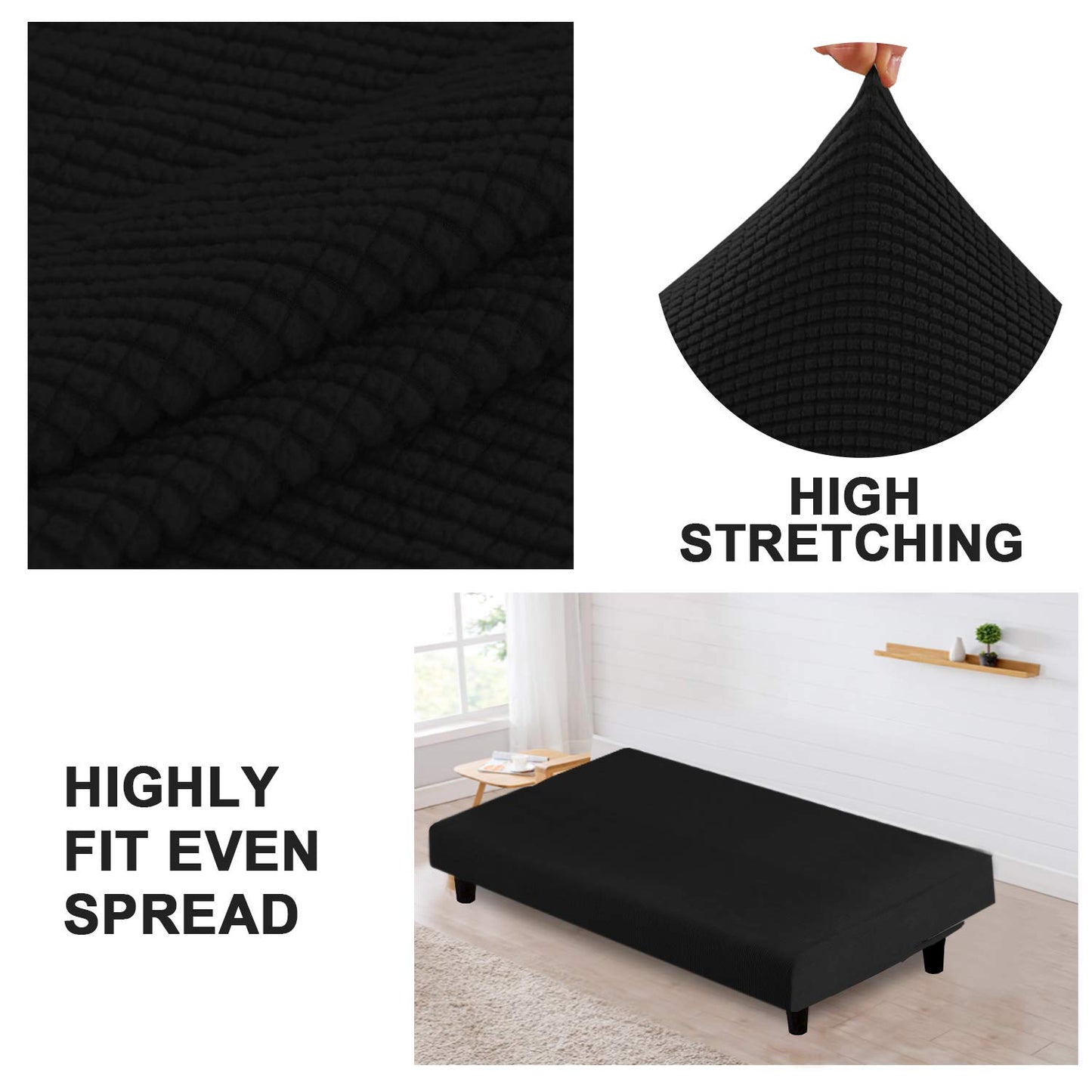 Turquoize Futon Cover Stretch Armless Sofa Slipcover Spandex Non Slip Soft Couch Sofa Cover Without Arms Futon Slipcovers for Living Room Furniture Protector with Elastic Bottom, Black