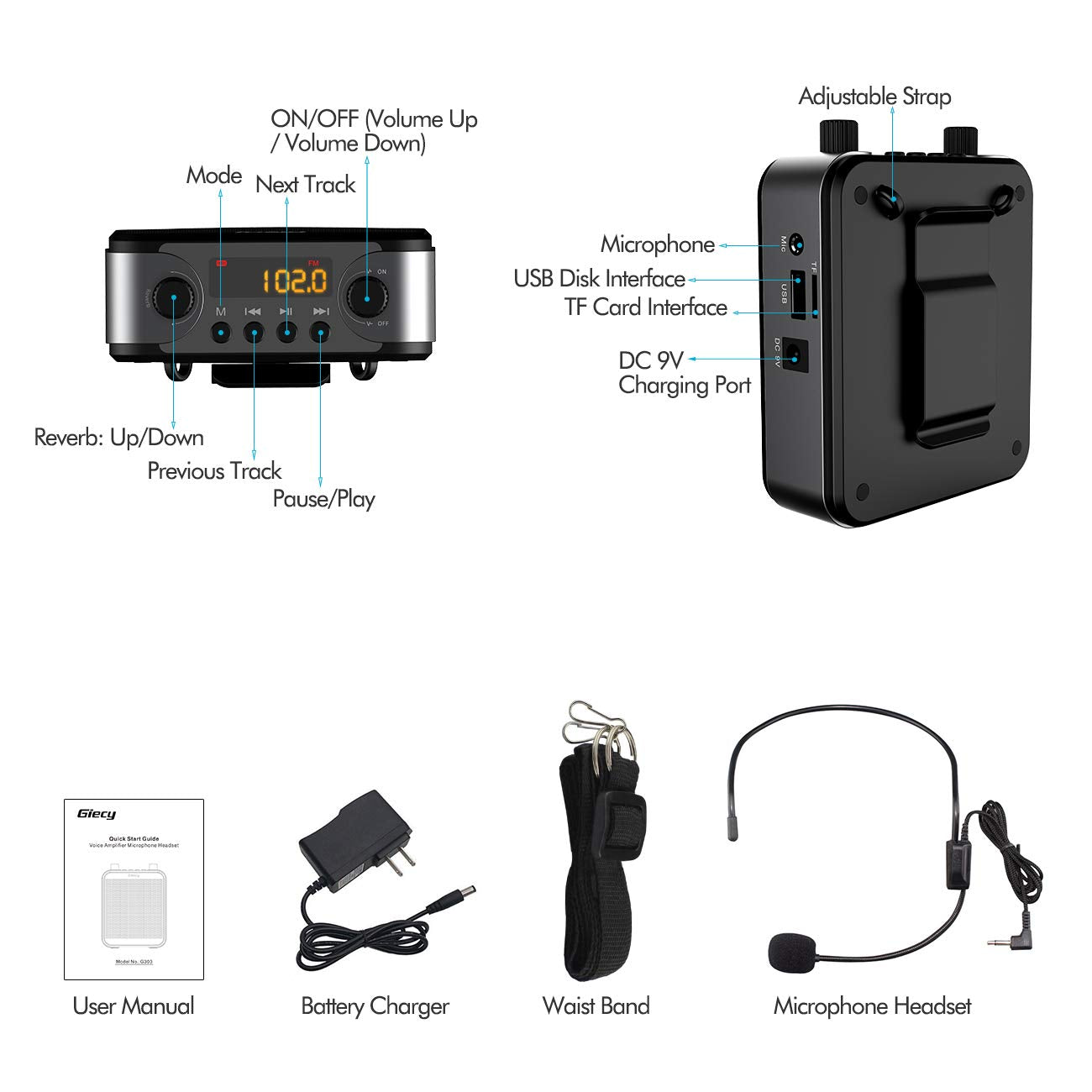 Portable Voice Amplifier, Giecy Bluetooth 30W 2800mAh Rechargeable PA System Speaker for Multiple Locations, Classroom, Meetings and Outdoors