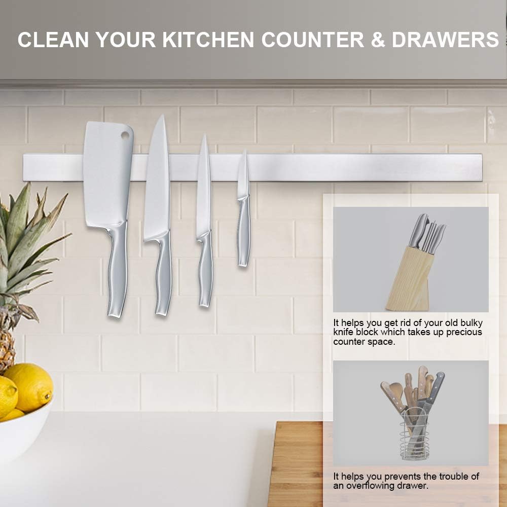 Ninonly 24 Inch Magnetic Knife Strip, Premium Stainless Steel Wall Mounted Kitchen Knives Bar,Space-Saving Powerful No Drilling Magnetic Knife Rack for Home Kitchen Utensil Holder & Tool Holder