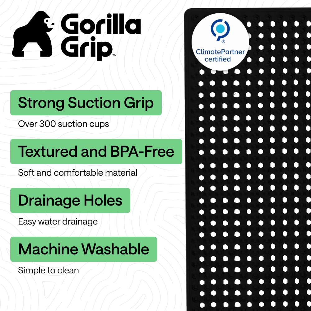 GORILLA GRIP Patented Bath Tub and Shower Mat, 35x16, Machine Washable, Extra Large Bathtub Mats with Drain Holes and Suction Cups to Keep Floor Clean, Soft on Feet, Bathroom Accessories, Black Opaque