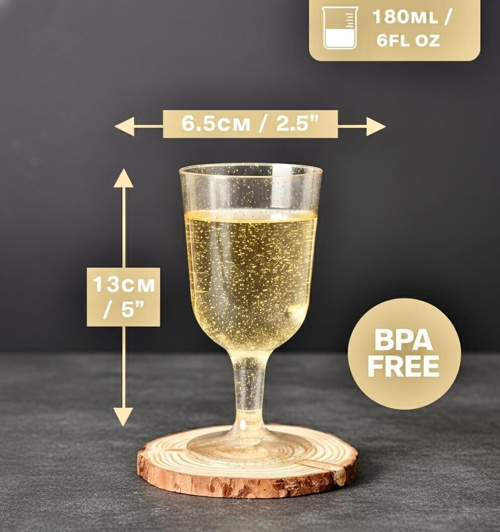 MATANA 50 Elegant Clear Hard Plastic Wine Glasses with Gold Glitter (170ml) - Sturdy & Reusable - Birthdays, Weddings, Christmas, New Year's Eve Celebrations, BBQ, Picnic, Parties