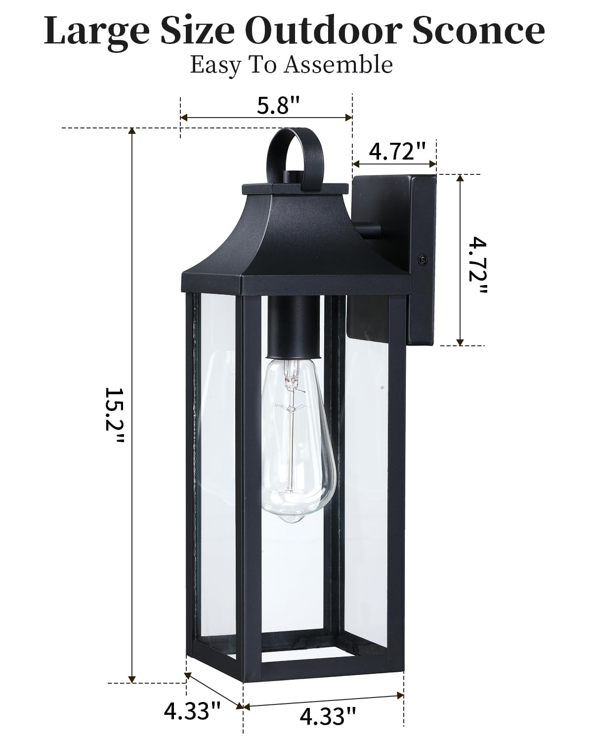 15.2'' Outdoor Light Fixtures Wall Mount 2 Pack, Black Exterior Wall Sconces Large Outside Lights for House, Waterproof Wall Lantern Black Wall Lamp Anti-Rust with Glass for Patio, Porch, Garage