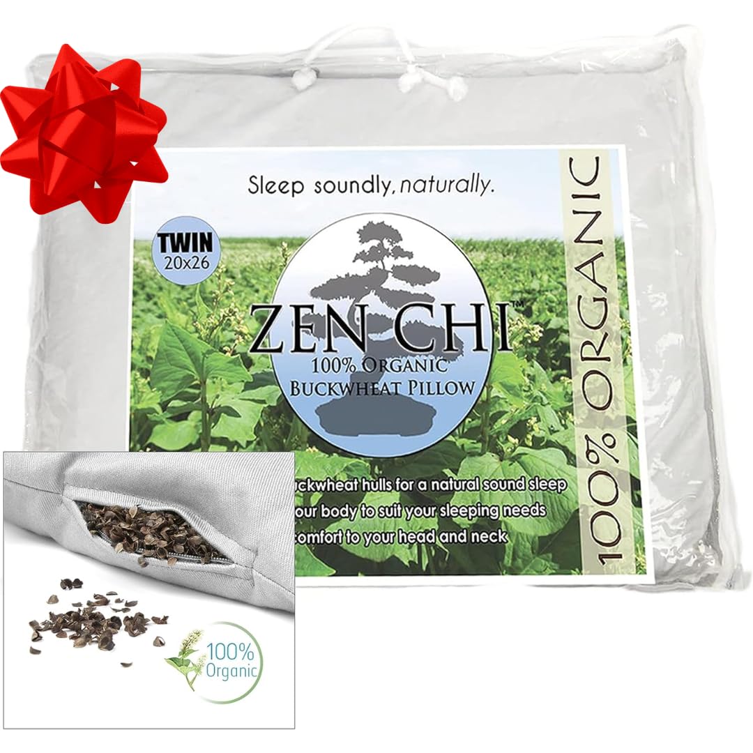 Buckwheat Pillow - Organic Twin Size (20"X26") w Natural Cooling Technology- All Cotton Cover - Keep Cool Effect Comfortable Sleep, Adjusts to Contours of Neck & Head