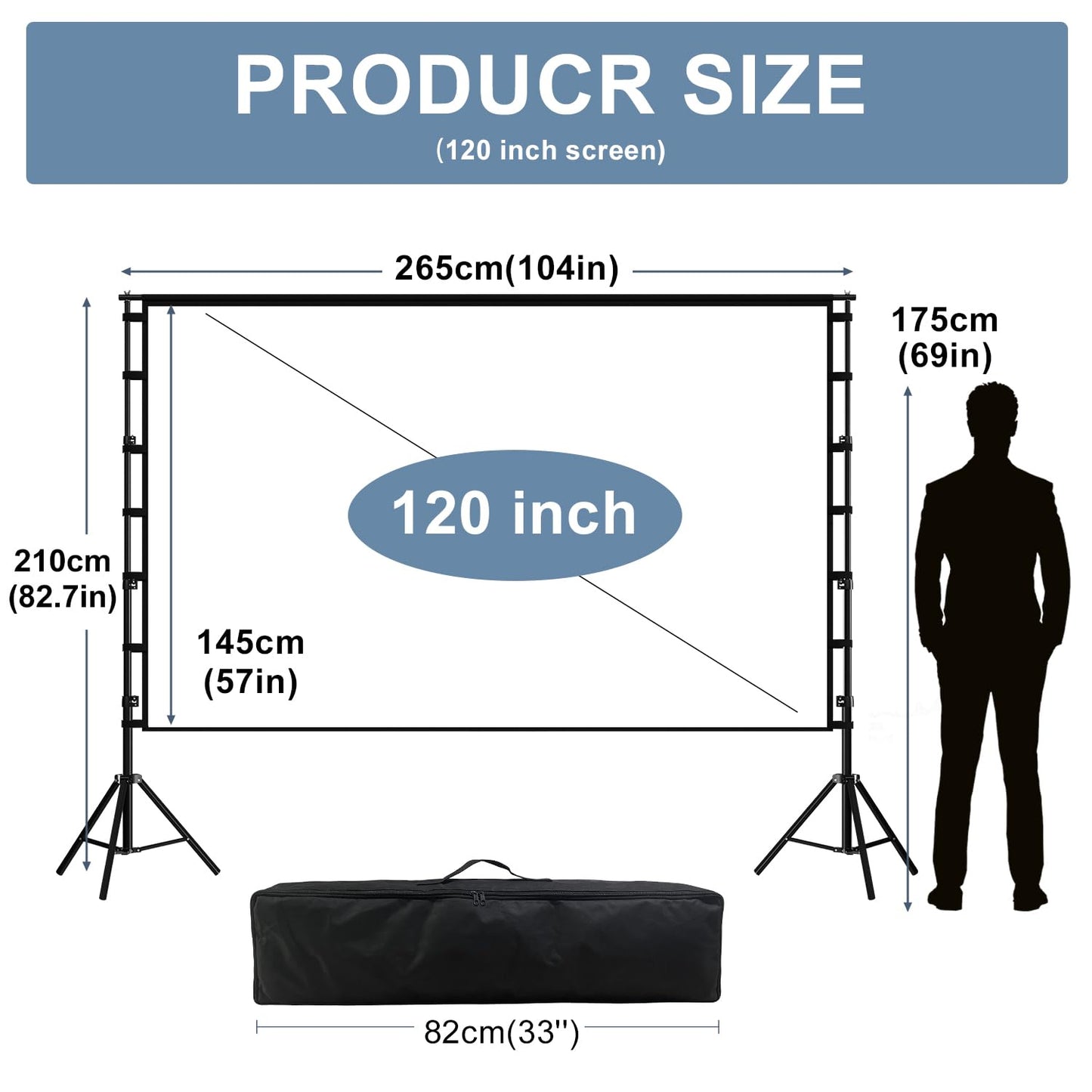Projectior Screen with Stand,120 inch Portable Foldable Projector Screen 16:9 HD Indoor Outdoor Projector Movies Screen with Carrying Bag for Home Theater Camping and Recreational Events