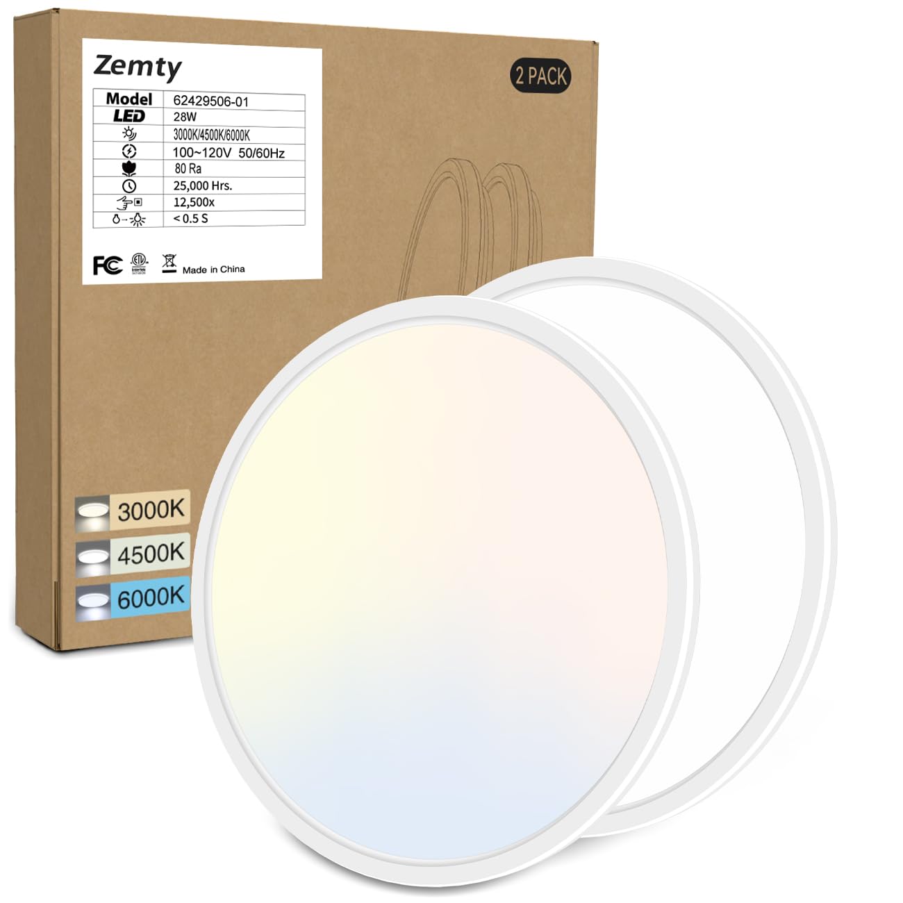 Zemty 2 Pack 12 Inch LED Flush Mount Ceiling Light Fixtures, 24W 2640lm LED Ceiling Light 2700K/3000K/4000K/5000K/6500K 5 Color Temperatures Selectable for Bedroom Kitchen Dining Room (White)