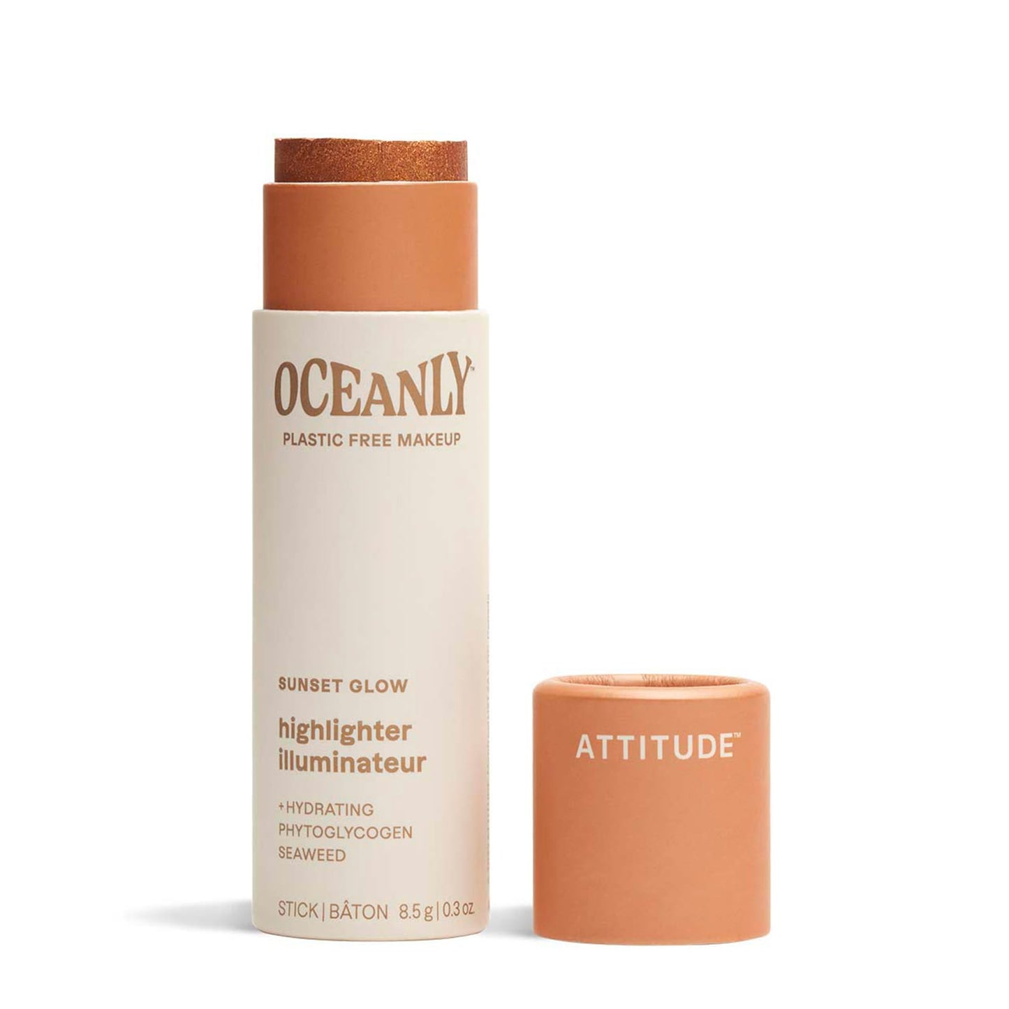 ATTITUDE Oceanly Lightweight Highlighter Stick, Titanium Dioxide-Free, Made in Canada, EWG Verified, Plastic-Free, Vegan Makeup, Sunset Glow, 8.5 grams