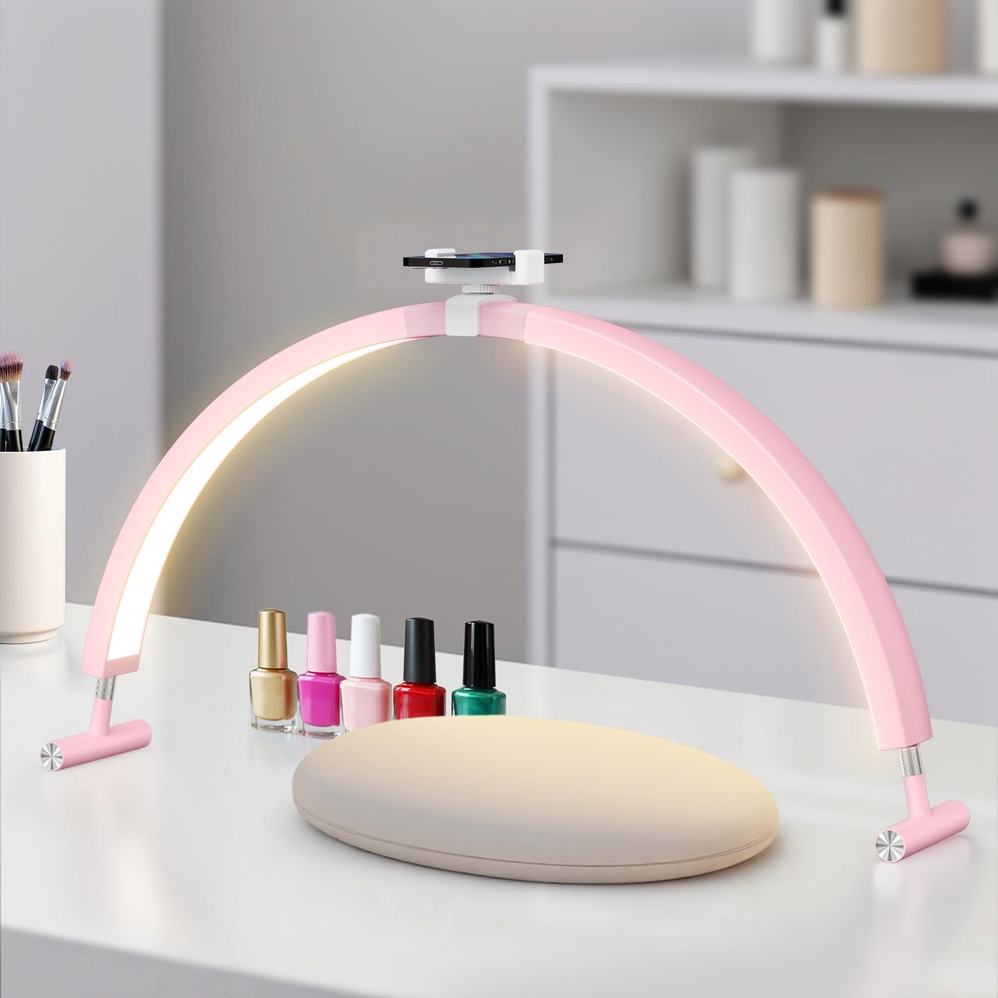 Mznoo Nail Light for Desk, 30in Large Half Moon Light with Phone Holder, 4000 Lumen Bright LED Moon Lamp for Nail Techs, Manicure and Handicraft, Adjustable Color Modes and Brightness (Pink)