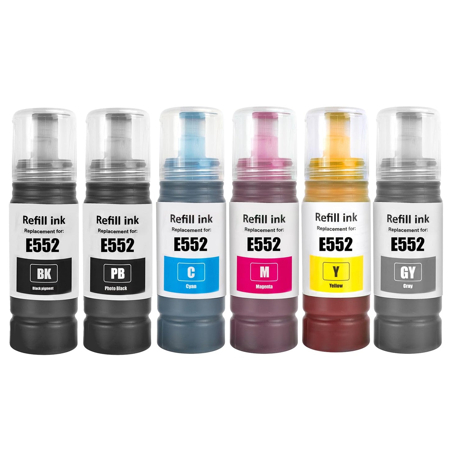 SHUOLEI T552 552 Ink Refill Bottles Compatible with EcoTank ET-8500 ET-8550 Printers (6 Packs, BK/PBK/C/M/Y/GR 70ml)