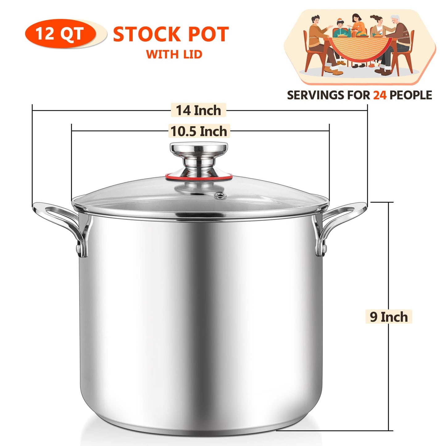 E-far 12-Quart Stock Pot, 18/10 Stainless Steel Stockpot with Lid for Cooking Simmering Soup Stew, Heavy Duty Cookware Works w/Induction, Non-Toxic & Corrosion Resistant, Dishwasher Safe