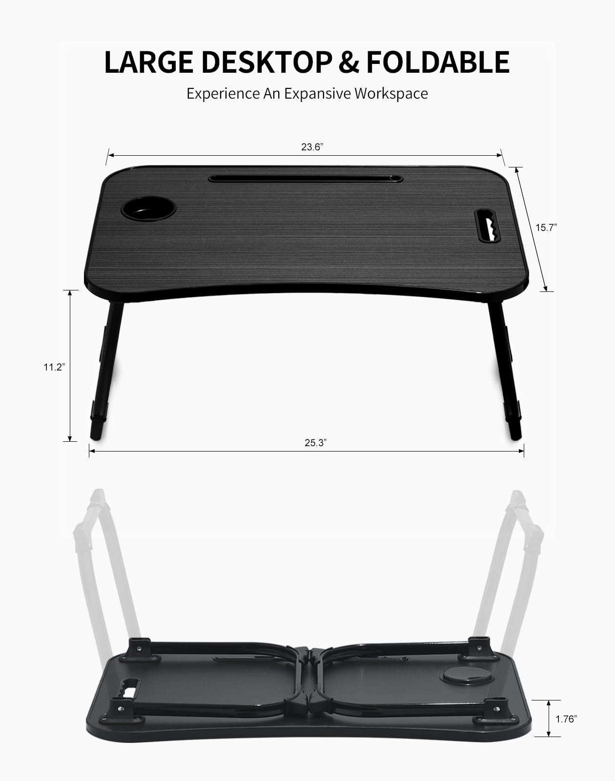 ZEAPTAC Laptop Bed Desk, Foldable Lap Desk, Portable Lap Table, Laptop Stand with Cup Holder, Tablet Slot & Lifting Handle for Work, Write, Draw & Eat on Bed, Sofa or Couch - Black Stripe