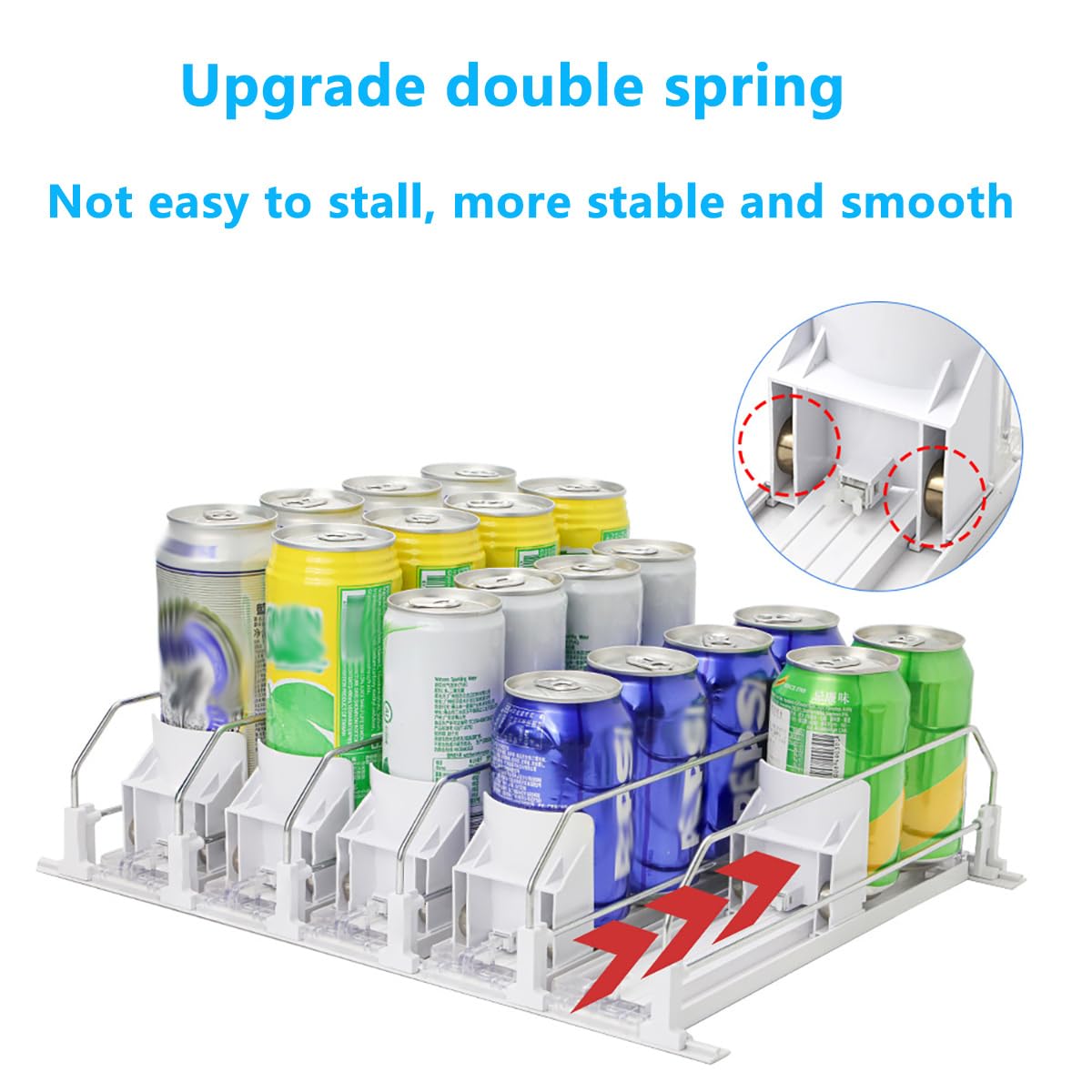 Width17.72 inch x Depth 16.1 inch Large Capacity Automatic Pushing Drink Organizer,Width Adjustable/Space-Saving-with Smooth and Fast Pusher Glide,Drink Organizer for Fridge (White, 6 Rows)