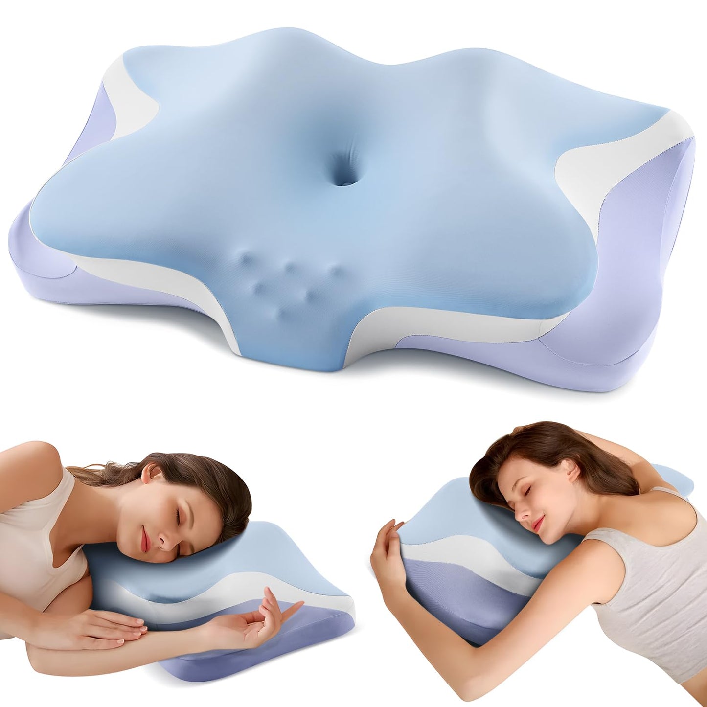 Cervical Pillow, Cooling Ergonomic Memory Foam Pillows for Sleeping with Luxury Anti-Pilling Pillowcase, Contour Deep Sleep Neck Support Pillow for Side Back Stomach Sleepers Queen Size (Blue)