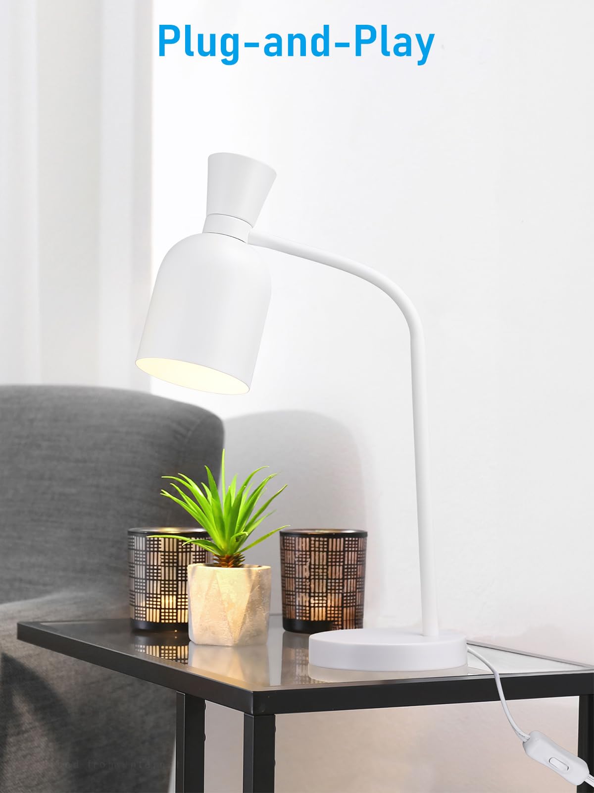 TORCHSTAR Metal Desk Lamp Aesthetic, Vase Shape Design, E26 Base, Max 60W Modern Goose Neck Task Desk Lamp with On/Off Switch, White, for Bedroom, Nightstand, Home Office, Bulb Not Included