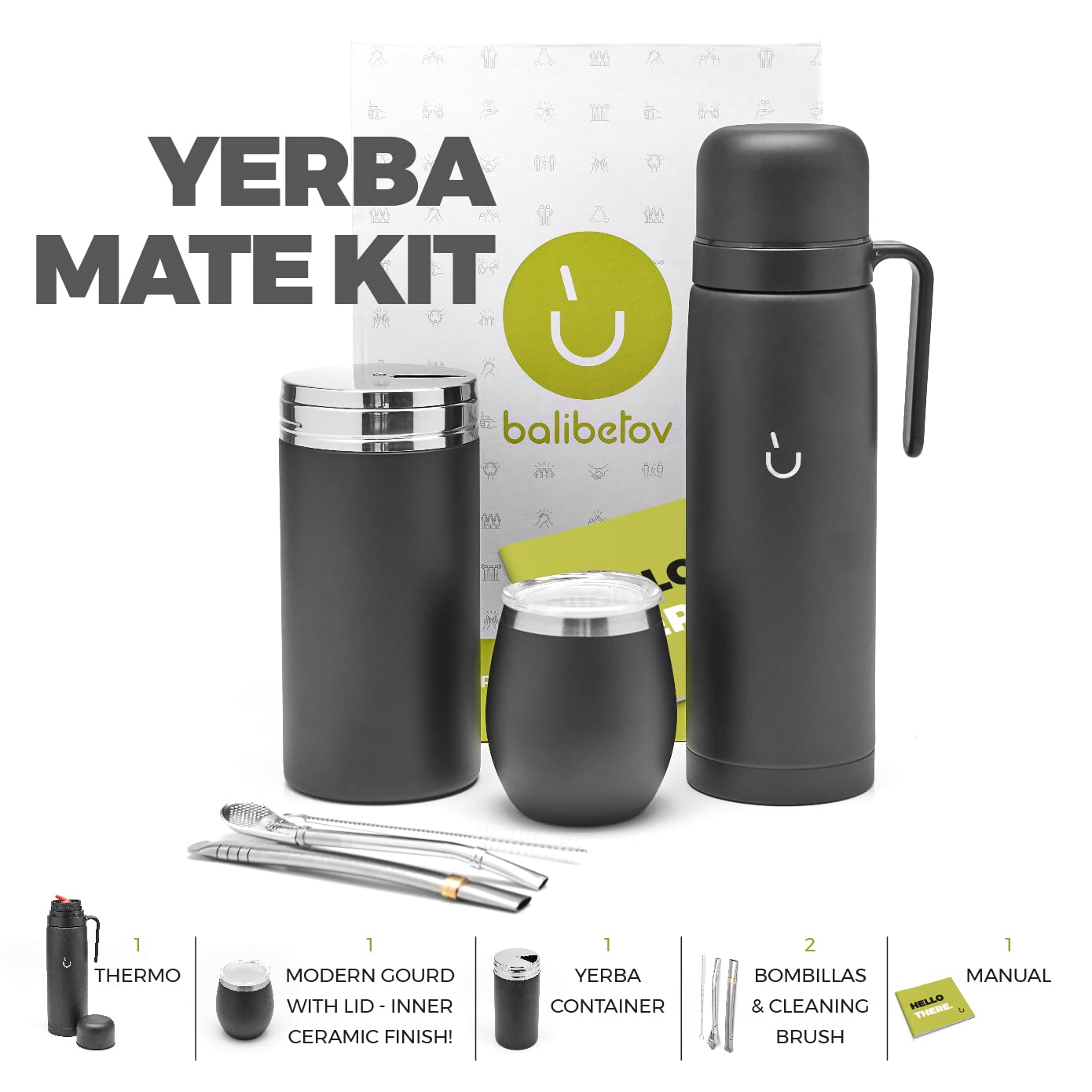 BALIBETOV Mate Cup Set – Modern Gourd, Thermal Bottle, Yerba Container (Yerbero), Bombilla (Straw) and Cleaning Brush – 304 18/8 Stainless Steel (Black)