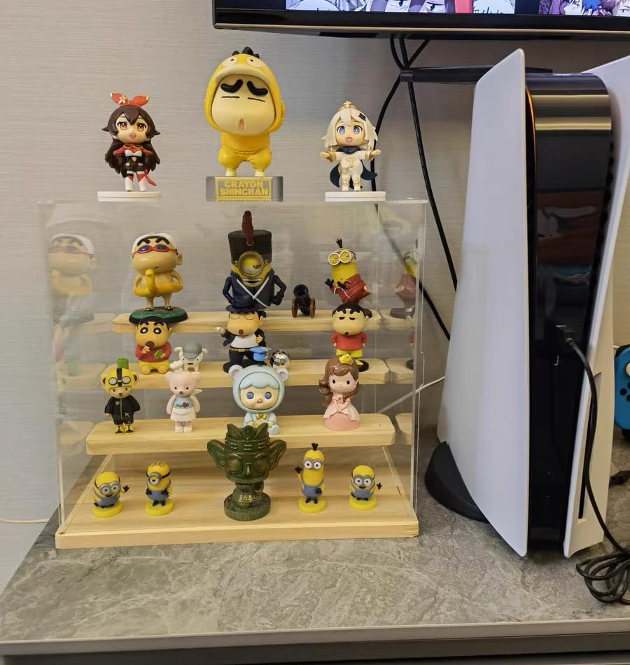 Clear Acrylic Display Case for Funko Pop Figures with Light, 3 Layer Stand Storage Cabinet Shelf Risers Protection Showcase Large Dustproof for Toys Collectibles Rock Stone Crystals, Wooden 32x26x29cm